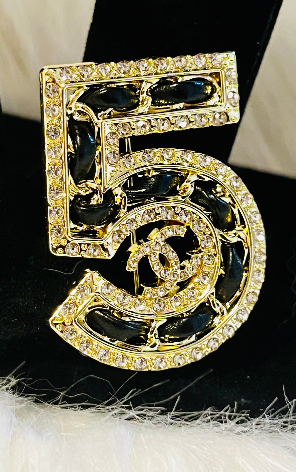 Iconic CHANEL NO 5 Gold with Rhinestone Accent Black Braided Brooch