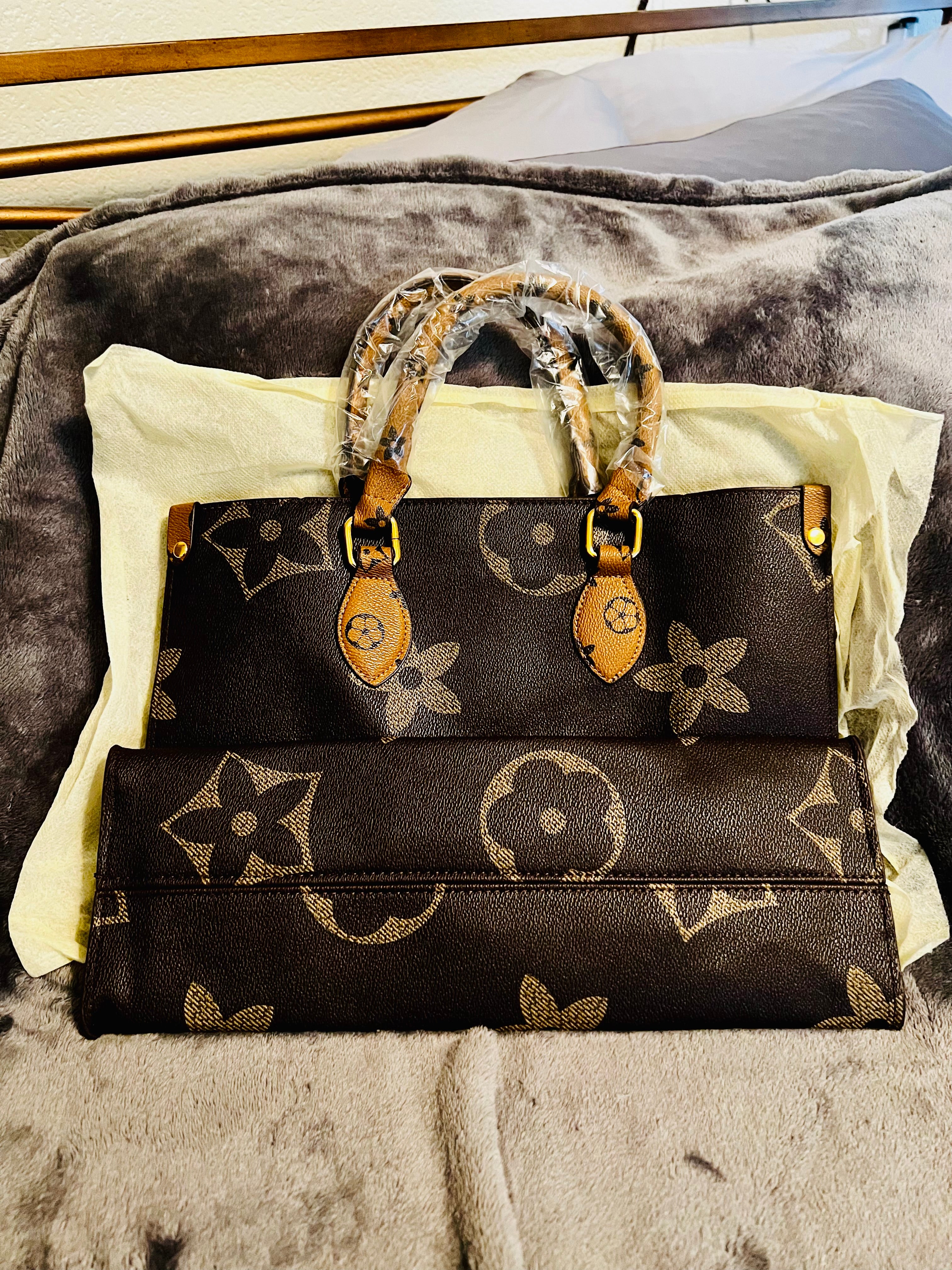 Monogram Designer Brown Tote - Genuine Cowhide Leather