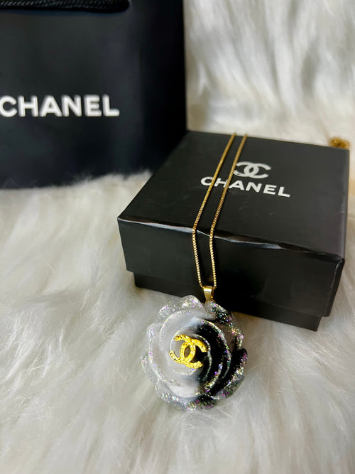 CHANEL Black & Blue with Gold LetteringFlower Pendant Necklace