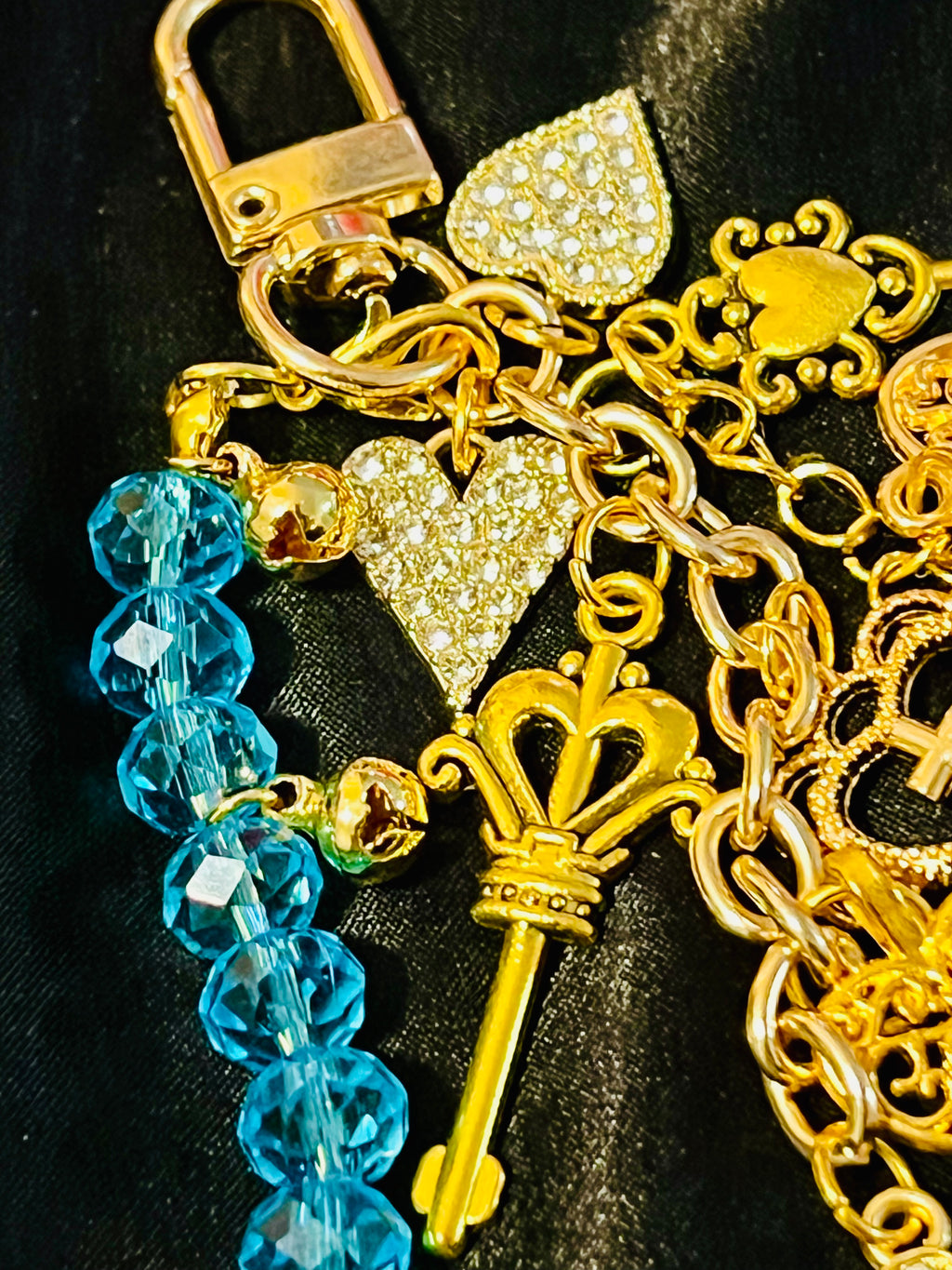 Rhinestone Heart Cross & Key Gold Keychain with Blue Glass & Bell Link