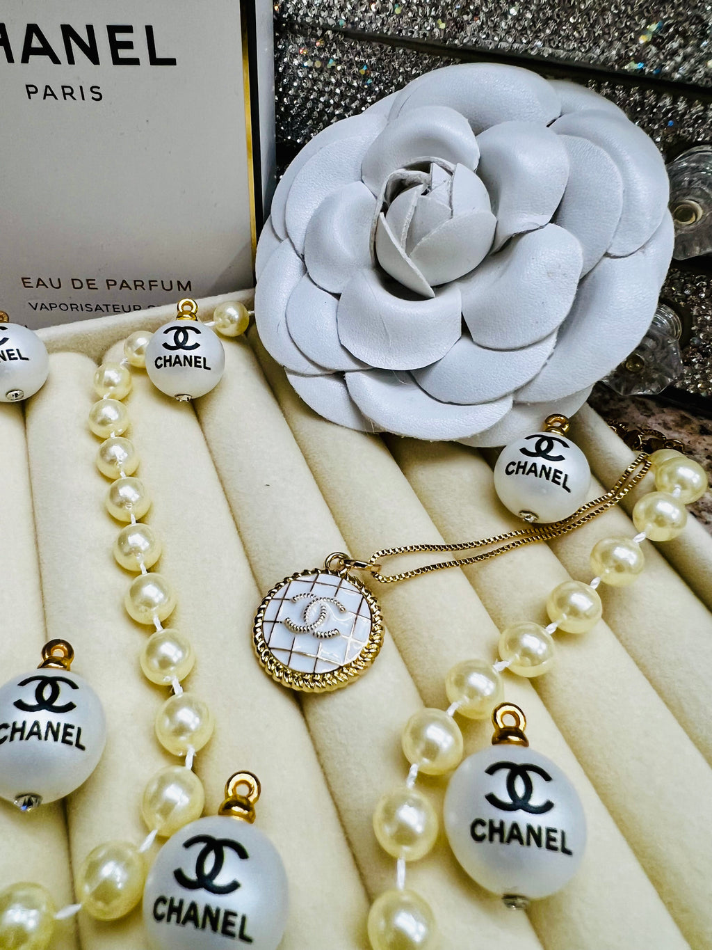 Chanel Gold & White Quilted Pattern Pendant Necklace