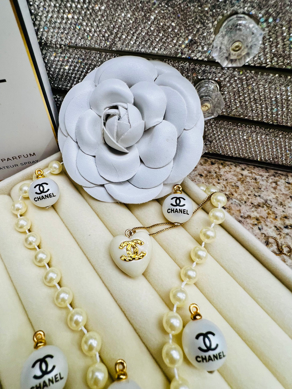 CHANEL White Stone with Gold Lettering Heart Pendant Necklace