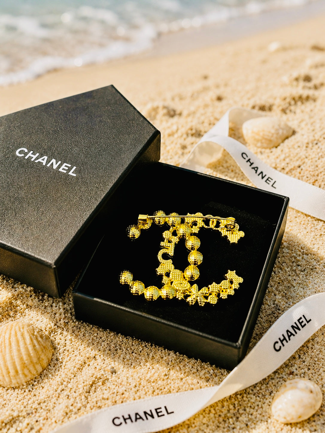 CHANEL Iconic Logo Gold with Pearl & Crystal Accent Brooch