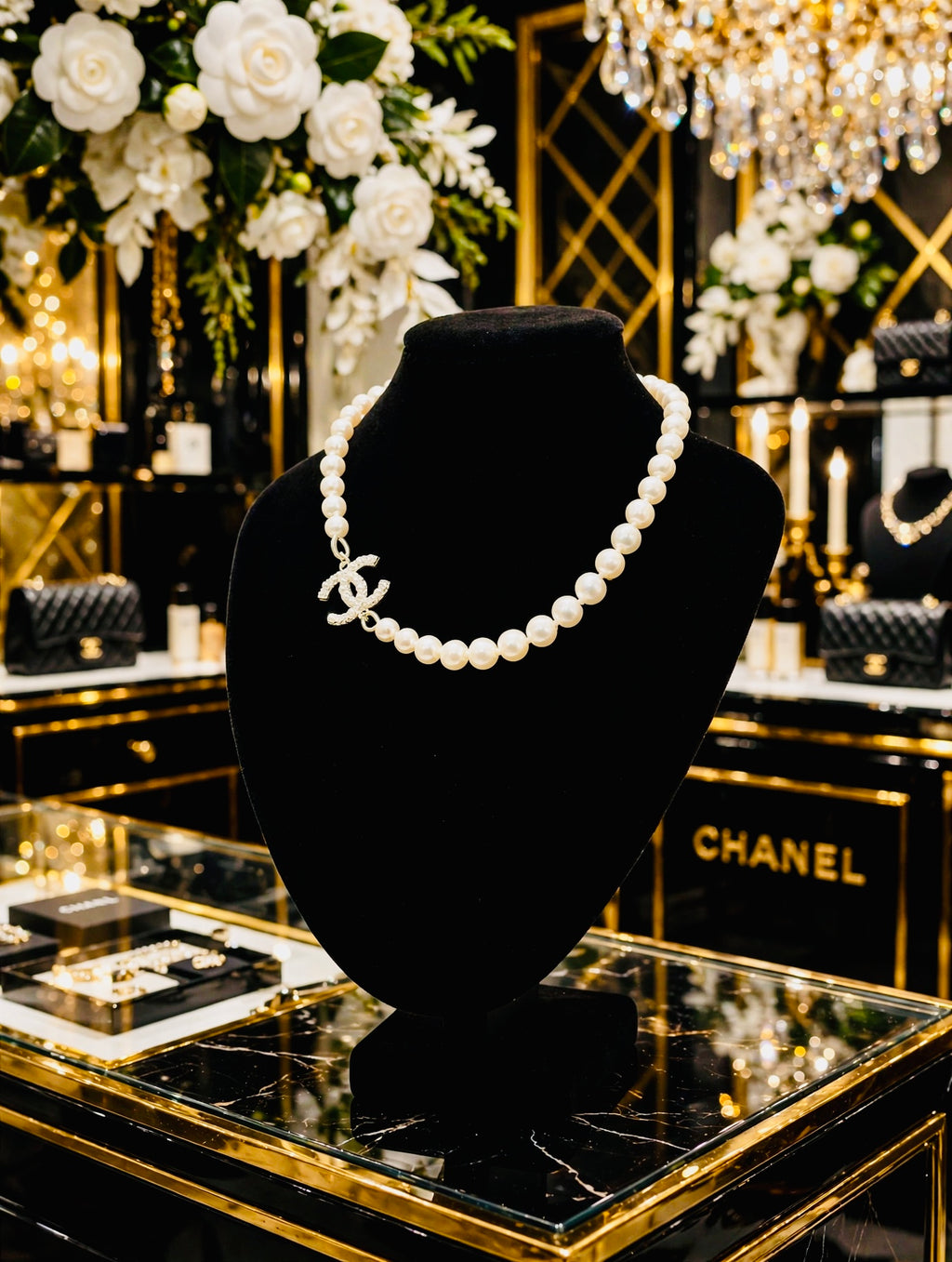 CHANEL Graduated Faux Pearl Choker Necklace CC Logo Inline Pearl CC + 100 Tag Extender 16"