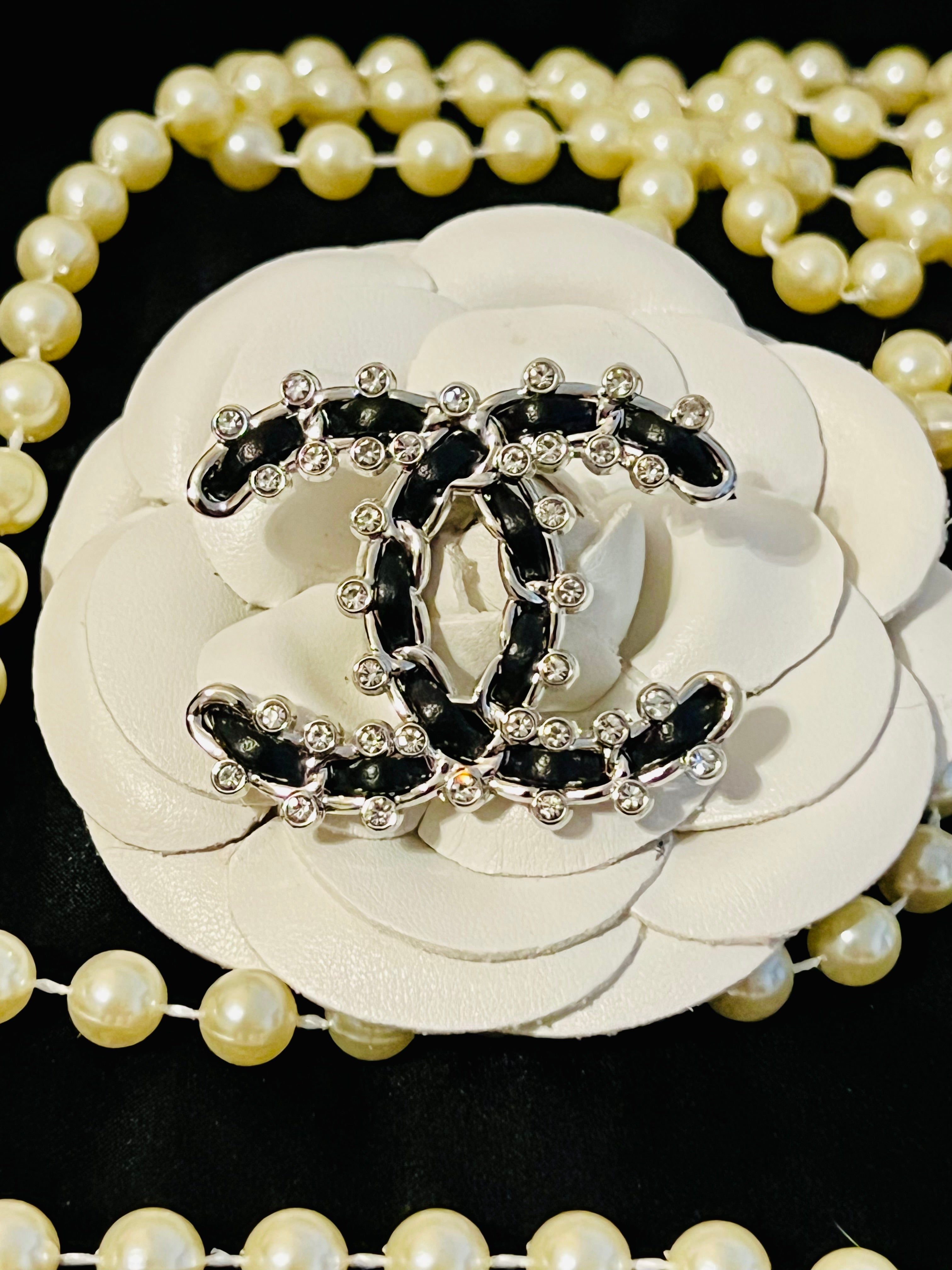 CHANEL Iconic Logo Silver & Black Brooch with Crystal Accents N