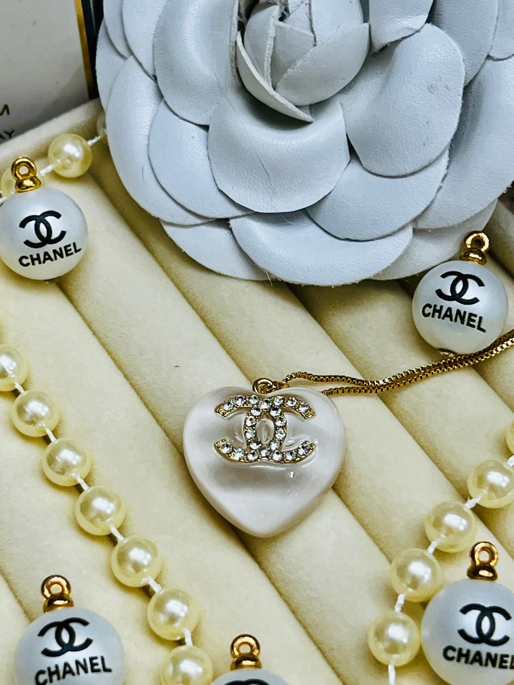 CHANEL White Stone with Gold Lettering Heart Pendant Necklace