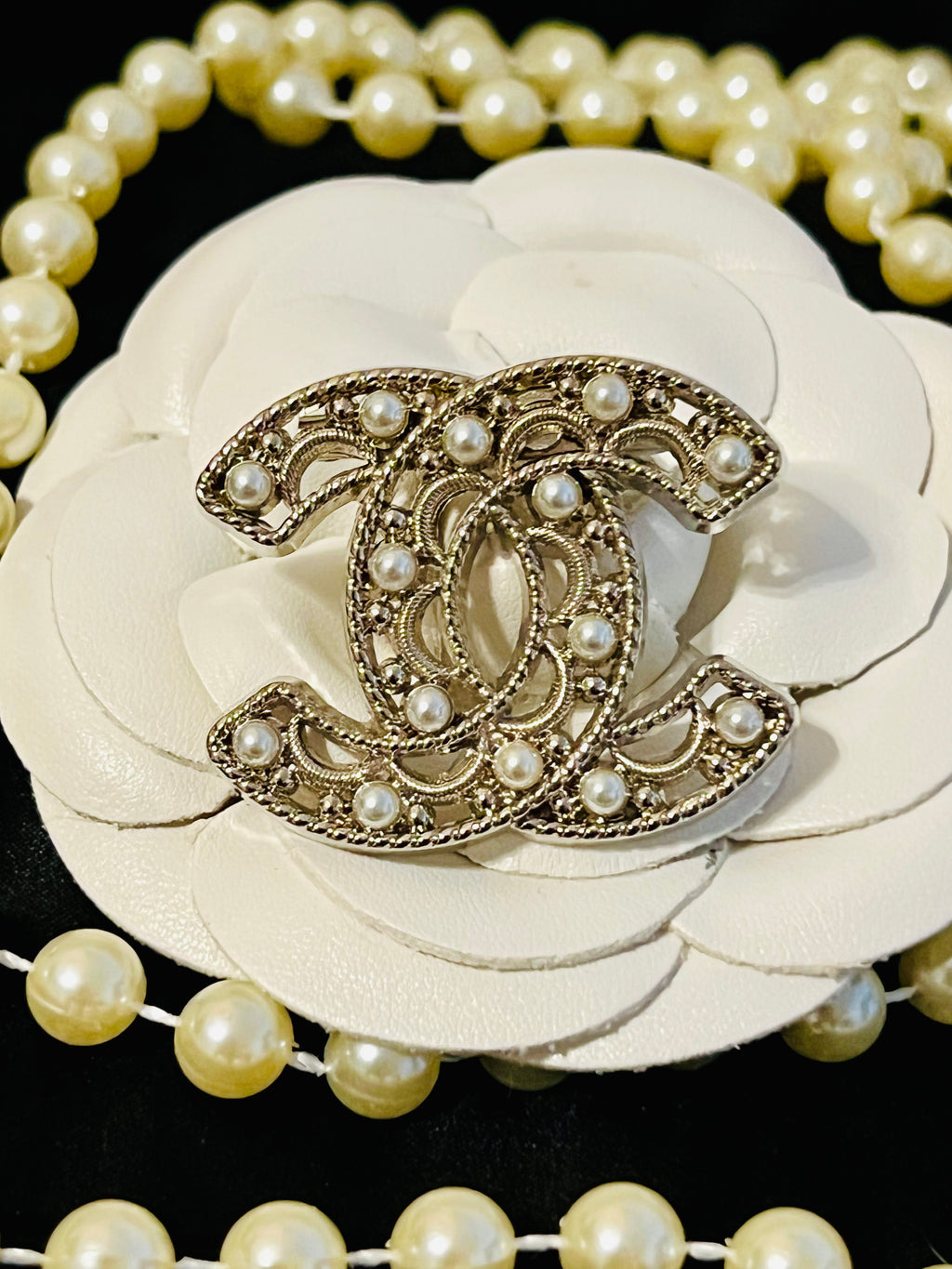 CHANEL Iconic Logo Silver with Pearl Accent Brooch M
