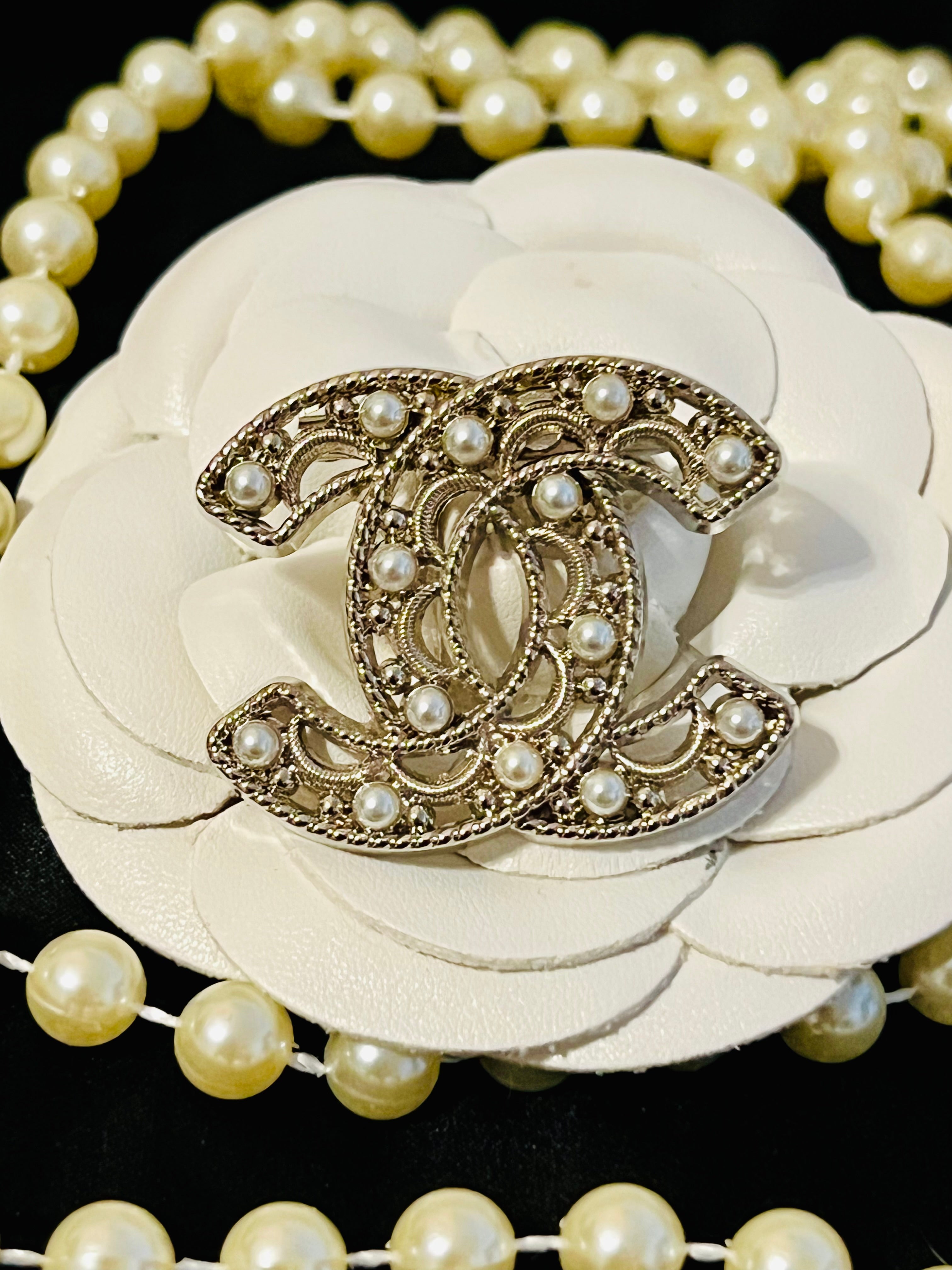 CHANEL Iconic Logo Silver with Pearl Accent Brooch M