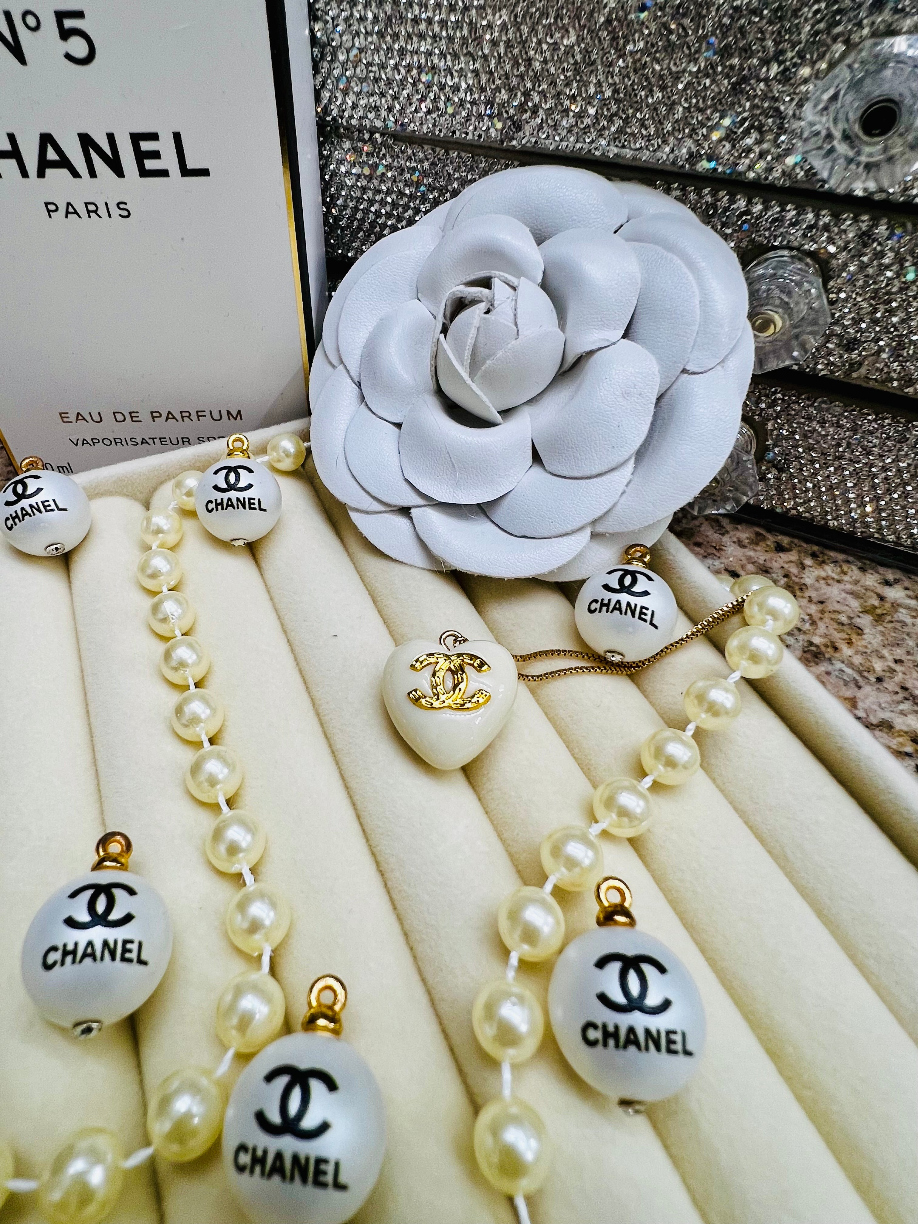 CHANEL White Stone with Gold Lettering Heart Pendant Necklace