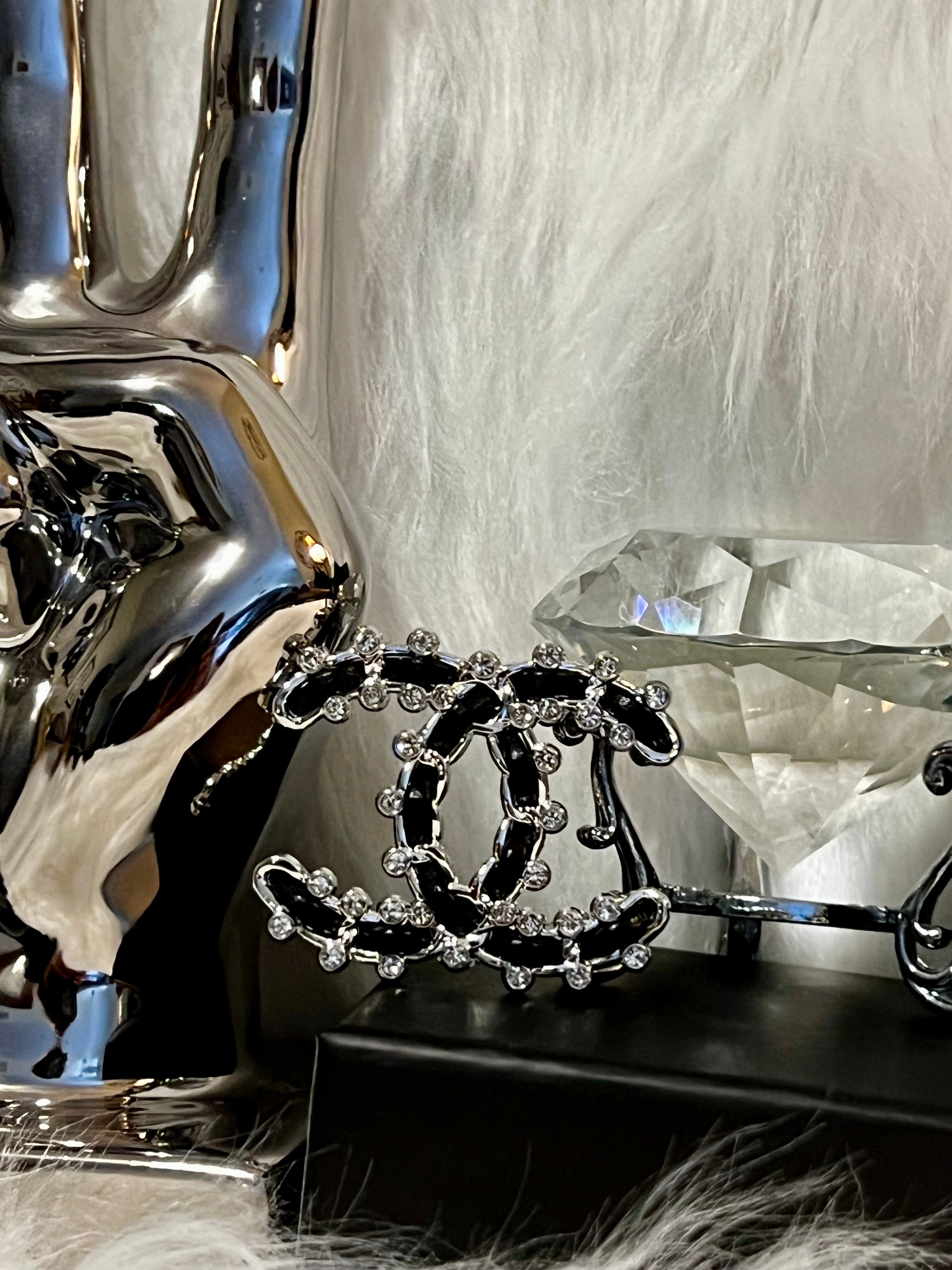 CHANEL Iconic Logo Silver & Black Brooch with Crystal Accents N