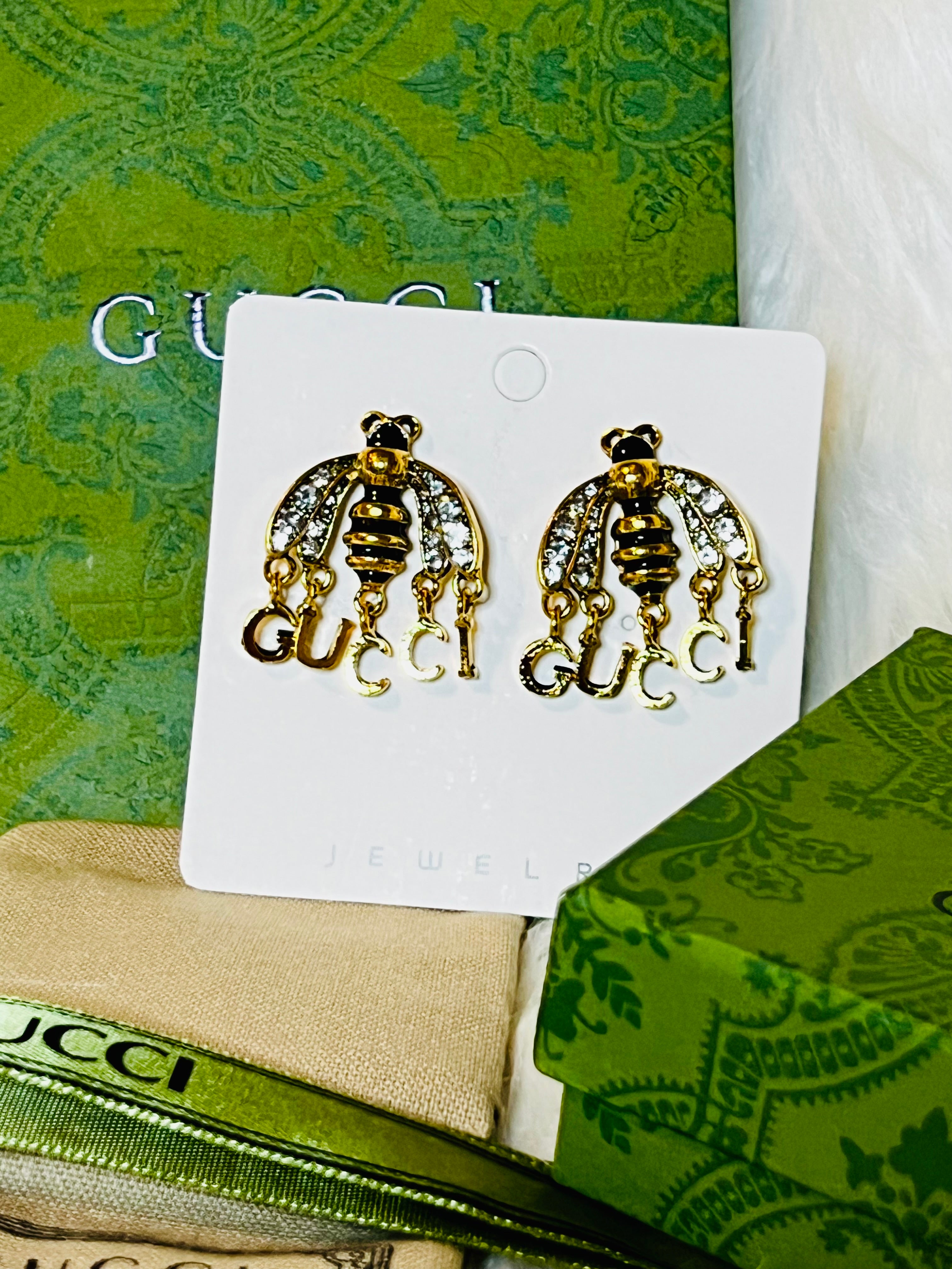 Gucci Unique Gold & Black Bee with Rhinestone Wings Drop Down Logo