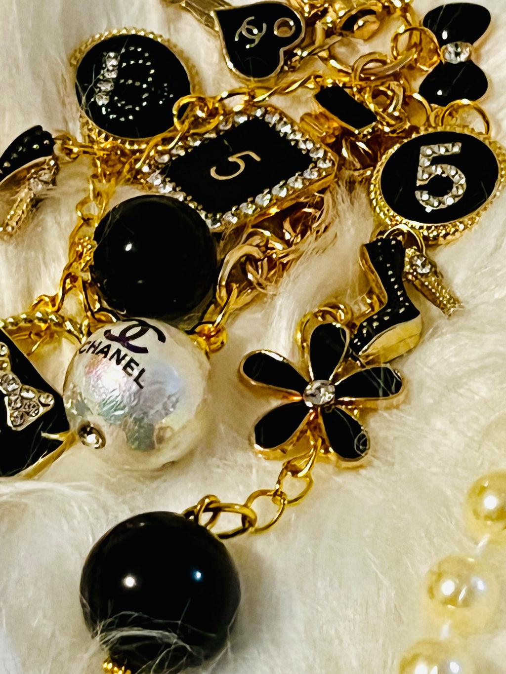 Chanel Inspired all Black Glam Style Bag Charm Keychain- Rhinestone No 5, Stilettos, bow, bag, flower