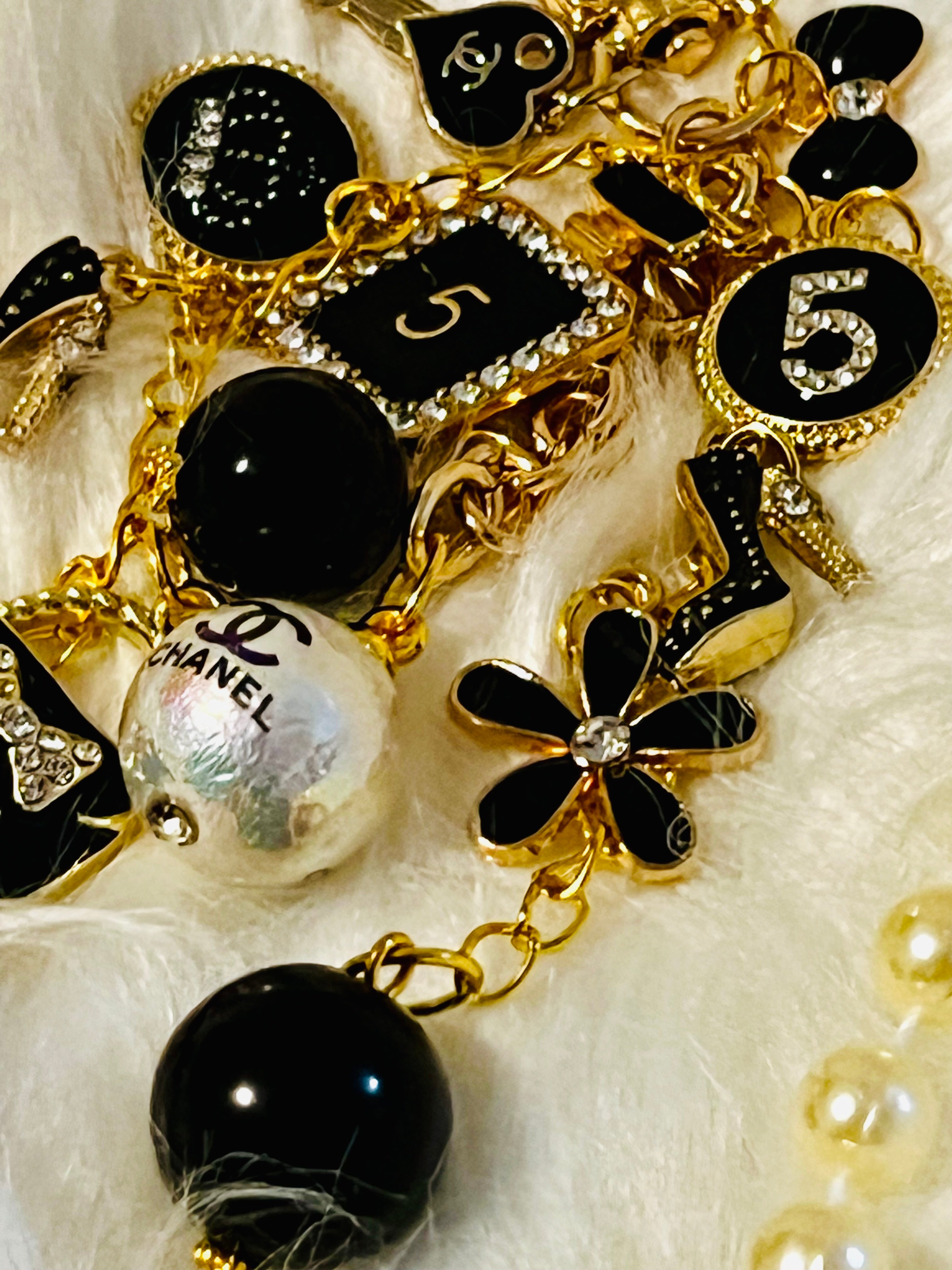 Chanel Inspired all Black Glam Style Bag Charm Keychain- Rhinestone No 5, Stilettos, bow, bag, flower