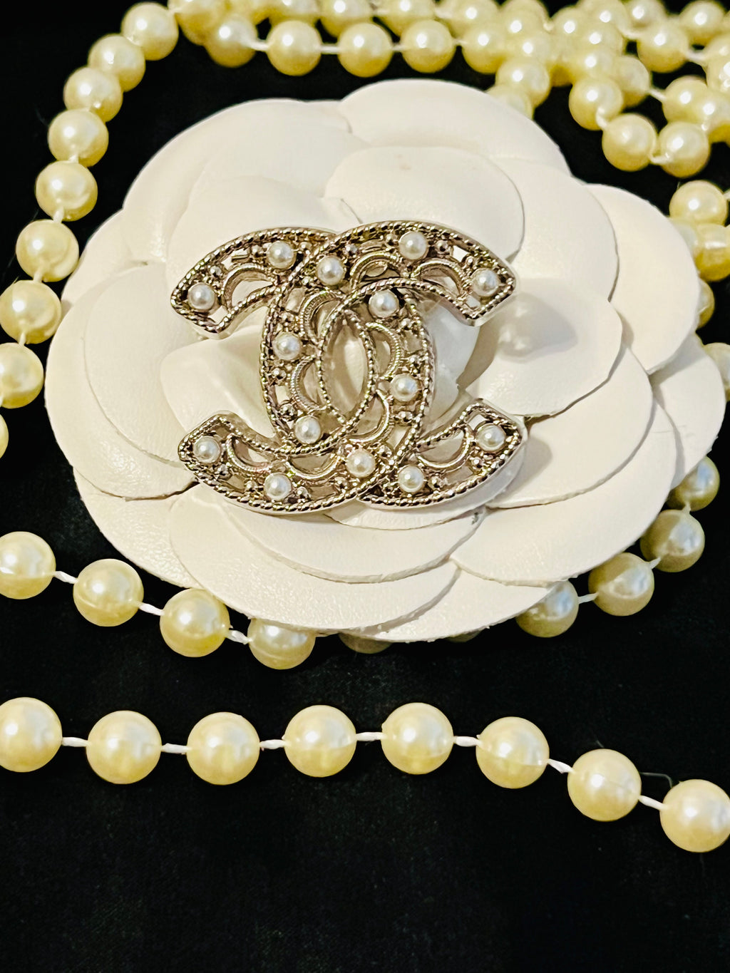 CHANEL Iconic Logo Silver with Pearl Accent Brooch M