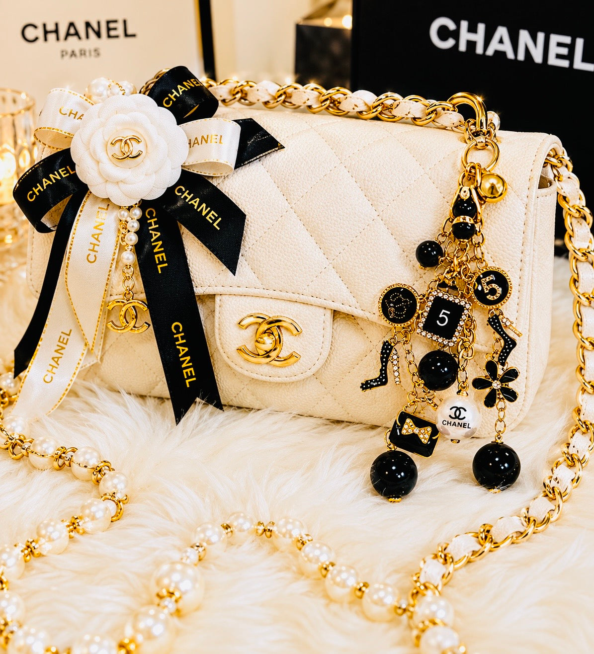 🖤✨Chanel Inspired all Black Glam Style Bag Charm Keychain- Rhinestone No 5, Stilettos, bow, bag, flower✨🖤