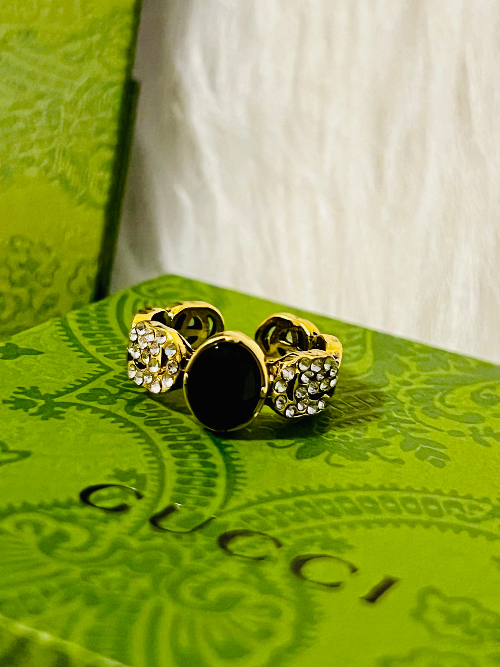 Gucci Gold Ring with Black Stone & Rhinestone Accents