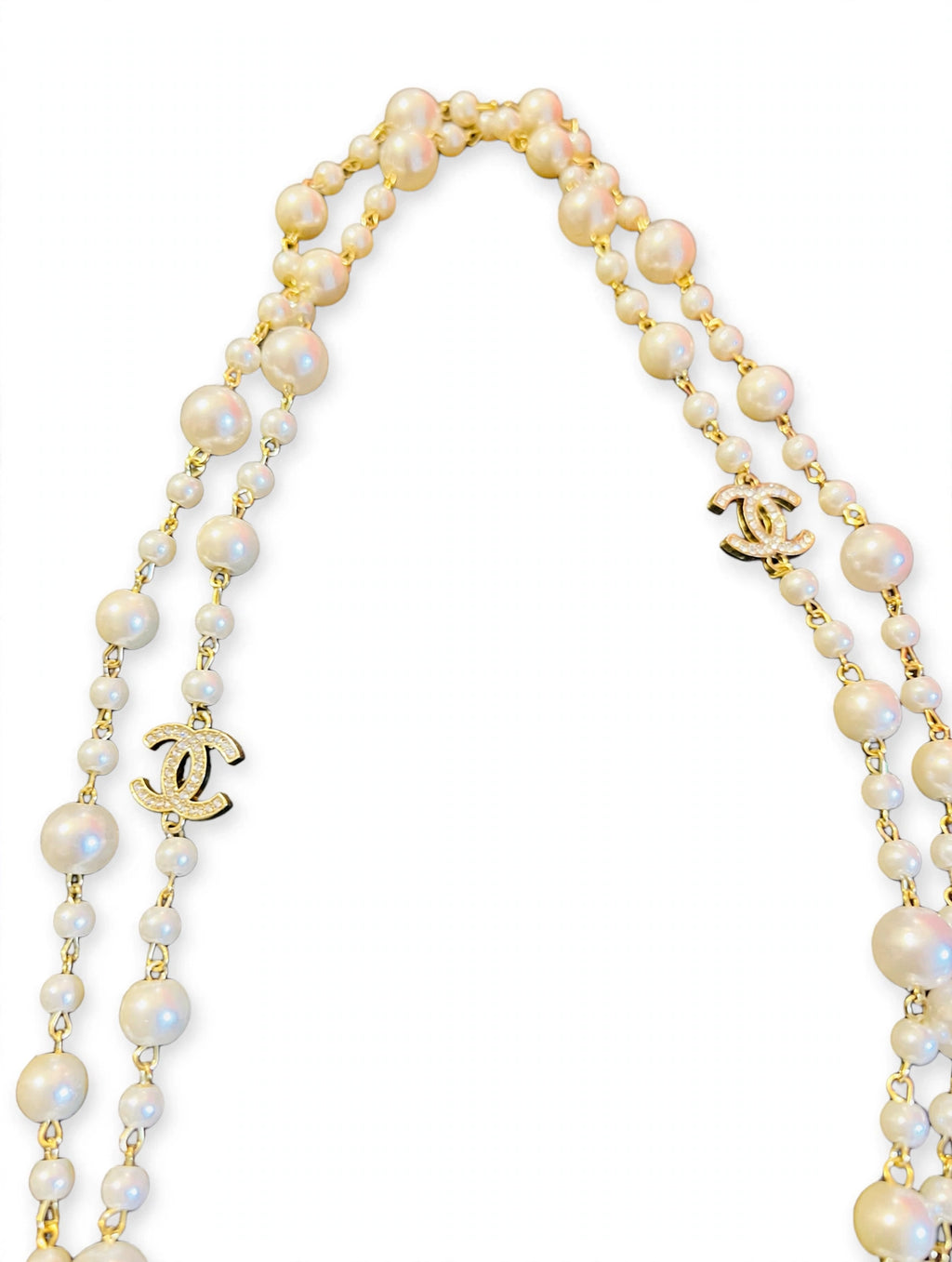 Vintage Chanel Long Pearl Sautoir Necklace - Gold Chain with Graduated Pearls & Crystal CC Charms - 36"