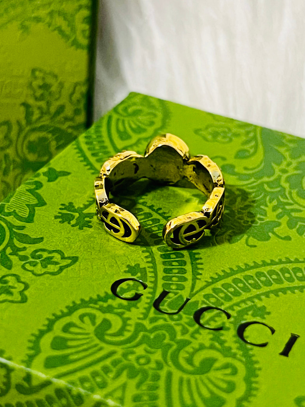 Gucci Gold Ring with Black Stone & Rhinestone Accents
