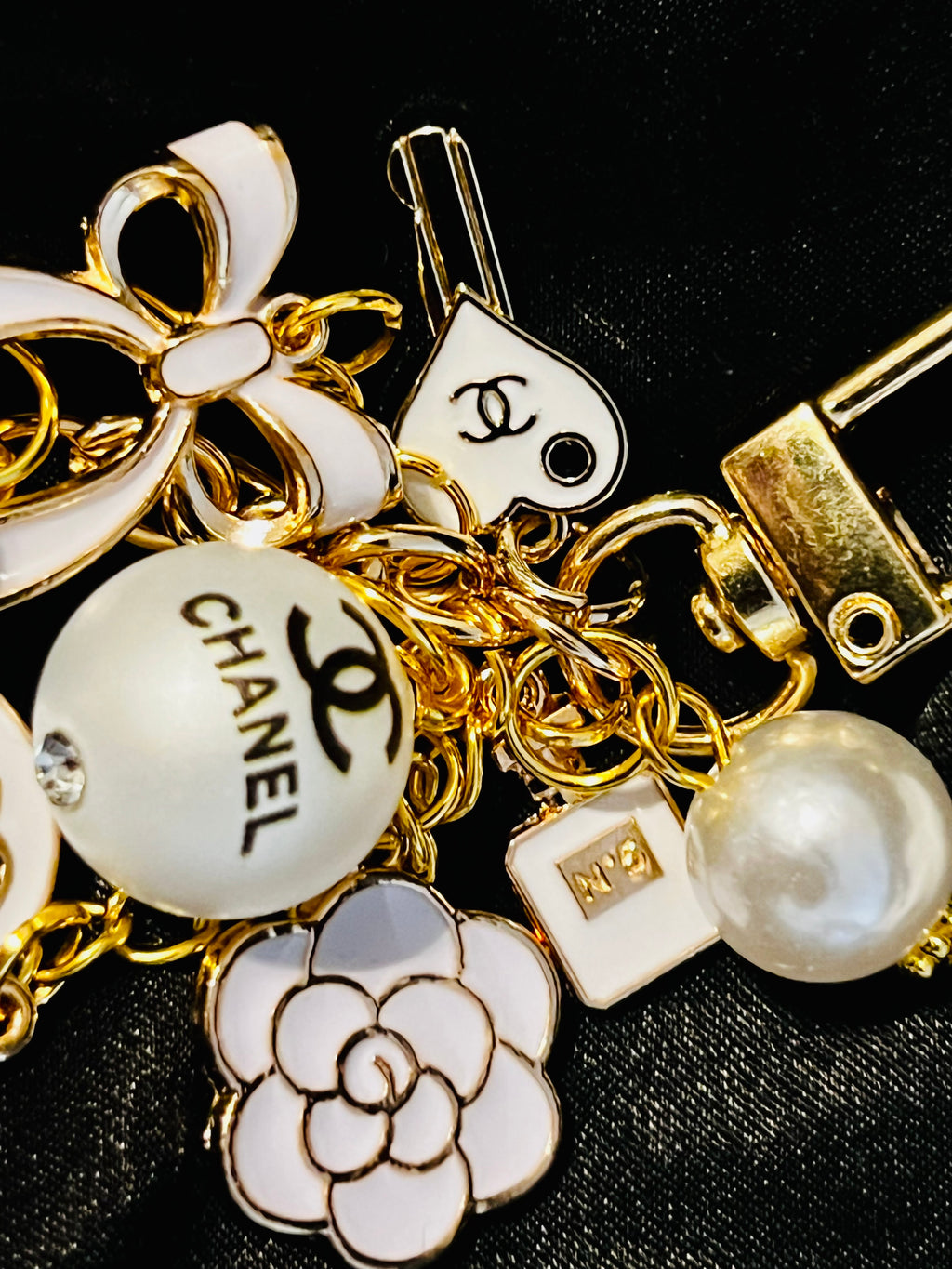 Chanel Inspired Pearl Bag Charm Keychain - White, Camellia, Bow, No 5, Coco logo, Gold Tone