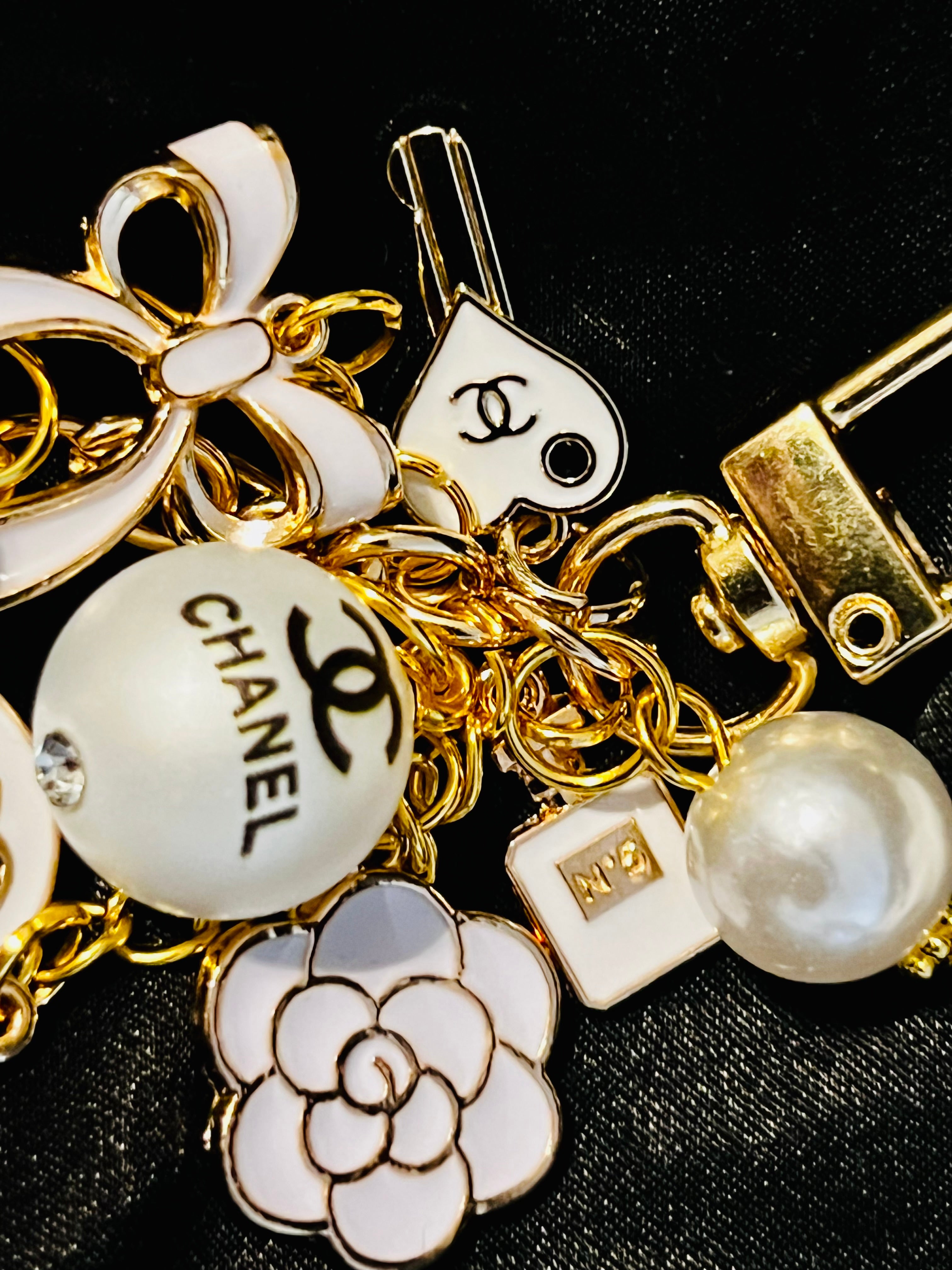 Chanel Inspired Pearl Bag Charm Keychain - White, Camellia, Bow, No 5, Coco logo, Gold Tone