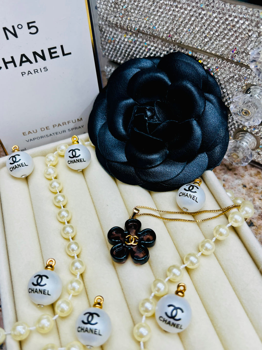 CHANEL Cheetah Print with Gold Lettering Flower Style Pendant Necklace