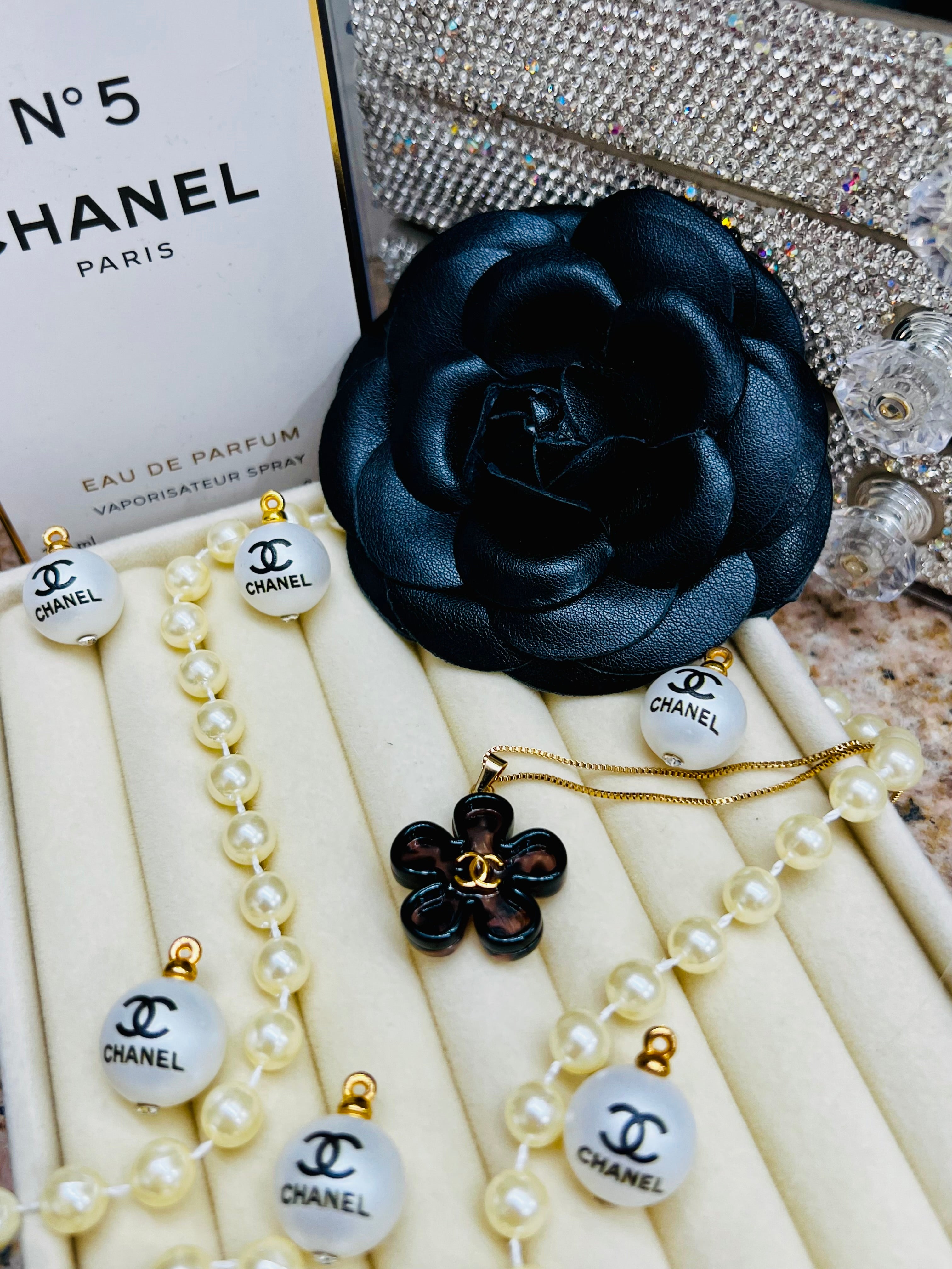 CHANEL Cheetah Print with Gold Lettering Flower Style Pendant Necklace