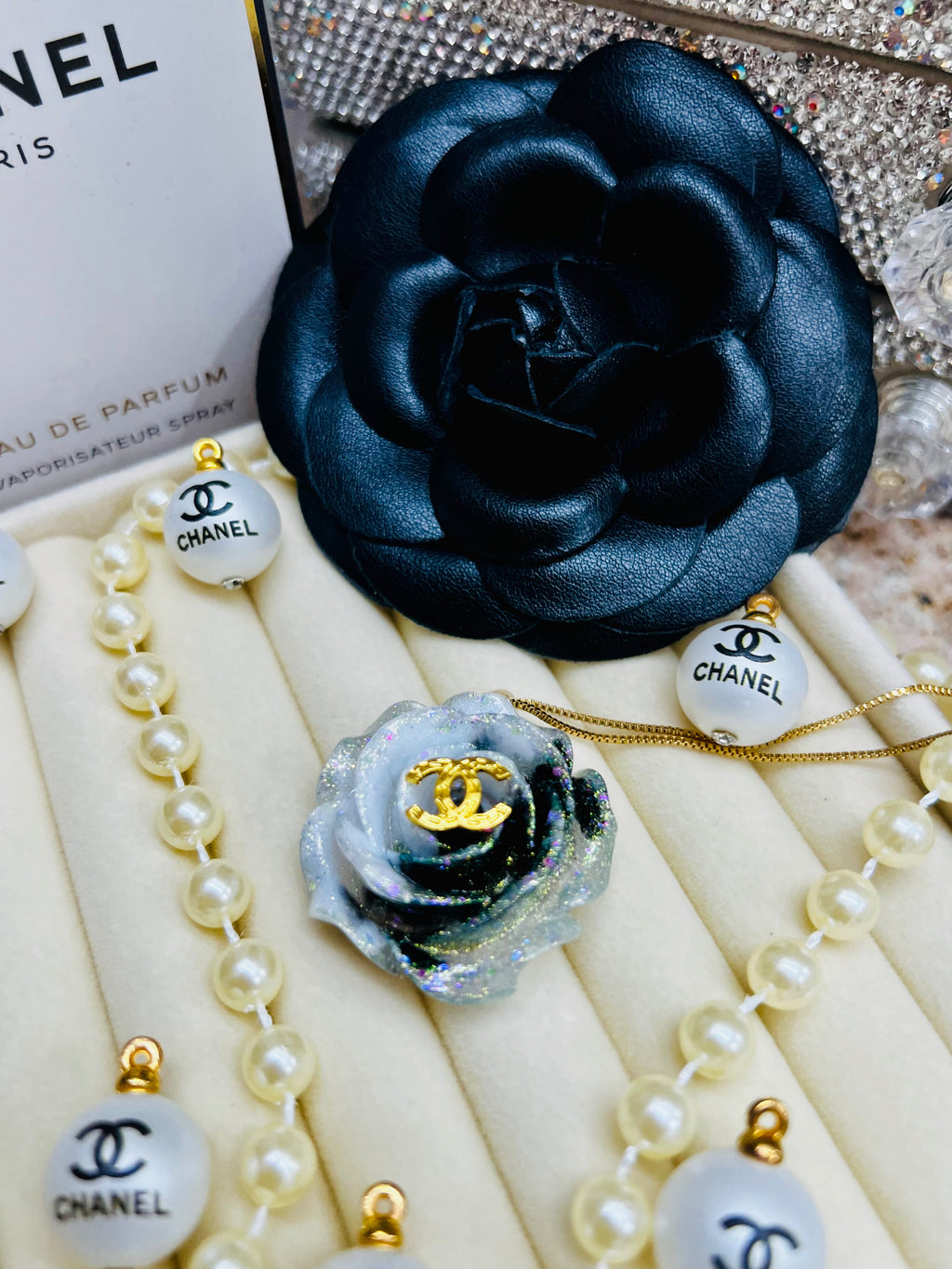 CHANEL Black & Blue with Gold LetteringFlower Pendant Necklace