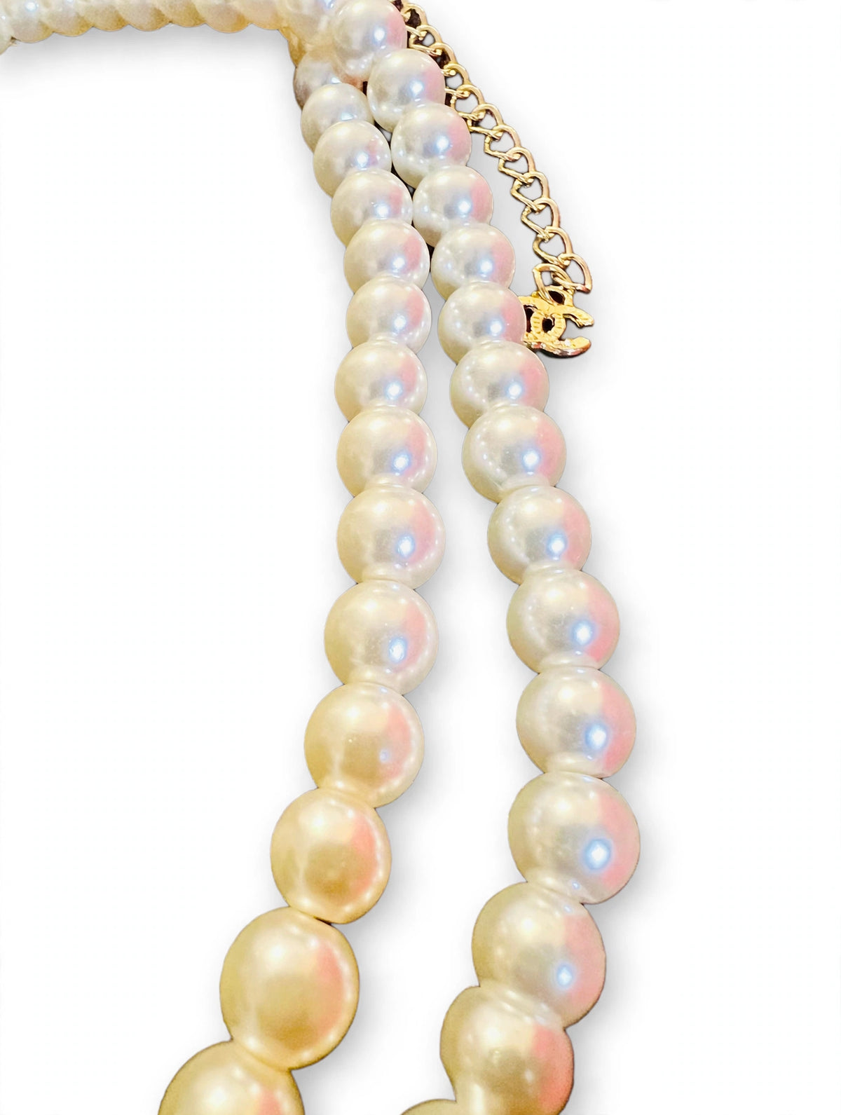 Vintage Chanel Double Strand Faux Pearl Necklace with Crystal Interlocking CC Charms