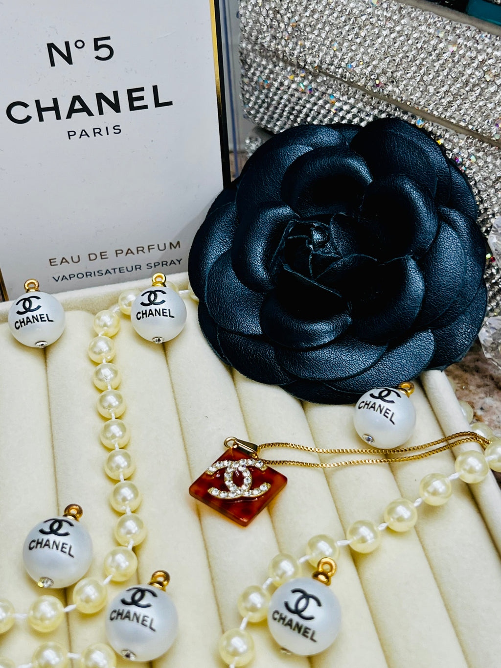 CHANEL Cheetah Print with SilverLettering Diamond Pendant Necklace