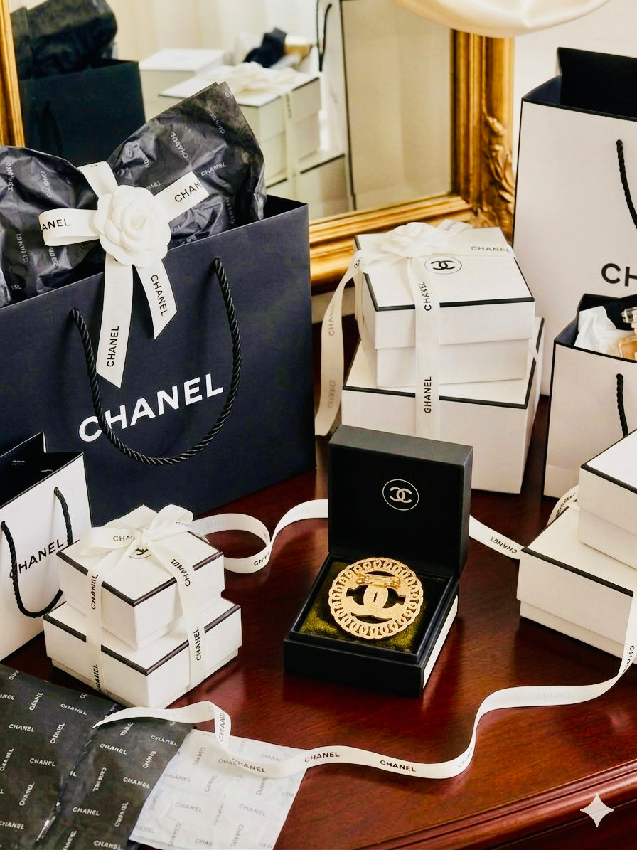 CHANEL Iconic Logo Gold Tone Brooch