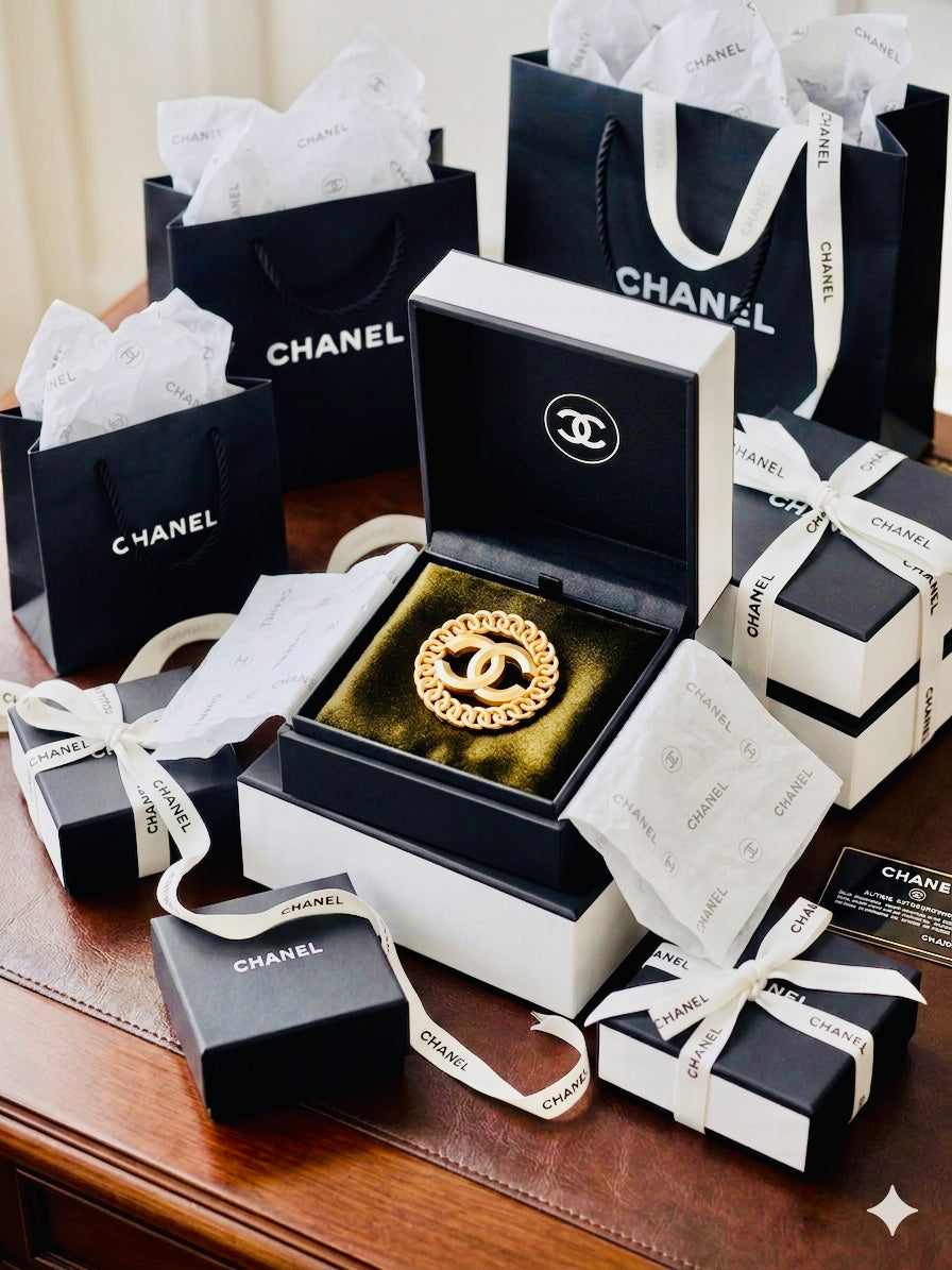CHANEL Iconic Logo Gold Tone Brooch