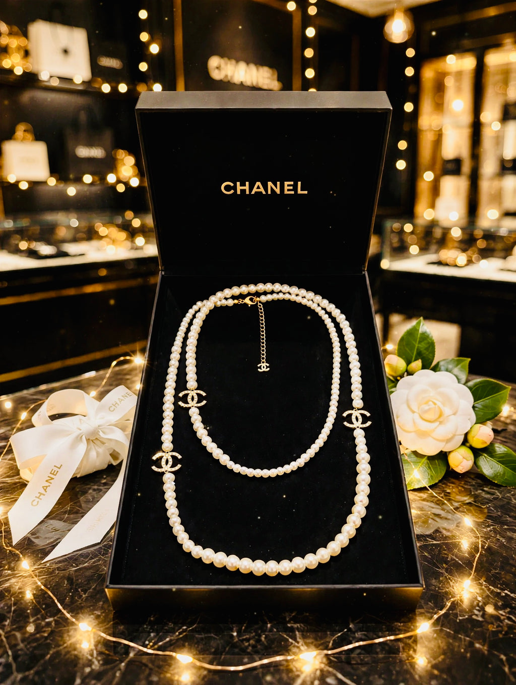 CHANEL Double Strand Pearl Necklace w/ Crystal CC Logos - Graduated Faux Pearls, Gold Tone Extender Chain