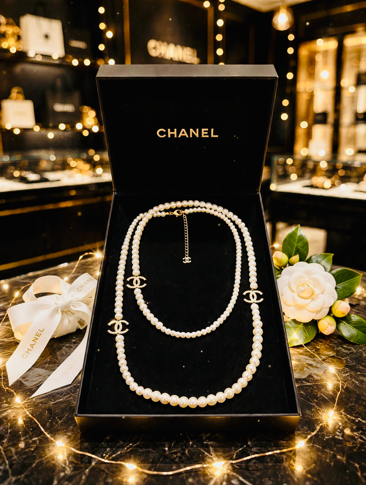 CHANEL Double Strand Pearl Necklace w/ Crystal CC Logos - Graduated Faux Pearls, Gold Tone Extender Chain