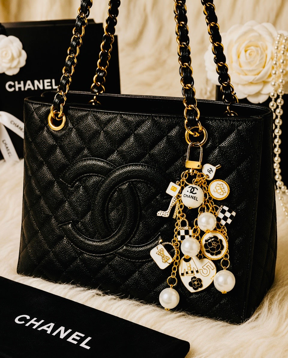 Chanel Inspired Pearl Bag Charm- white Black gold keychain, No 5 Heart, Camellia, High Heel, and Mini Bags