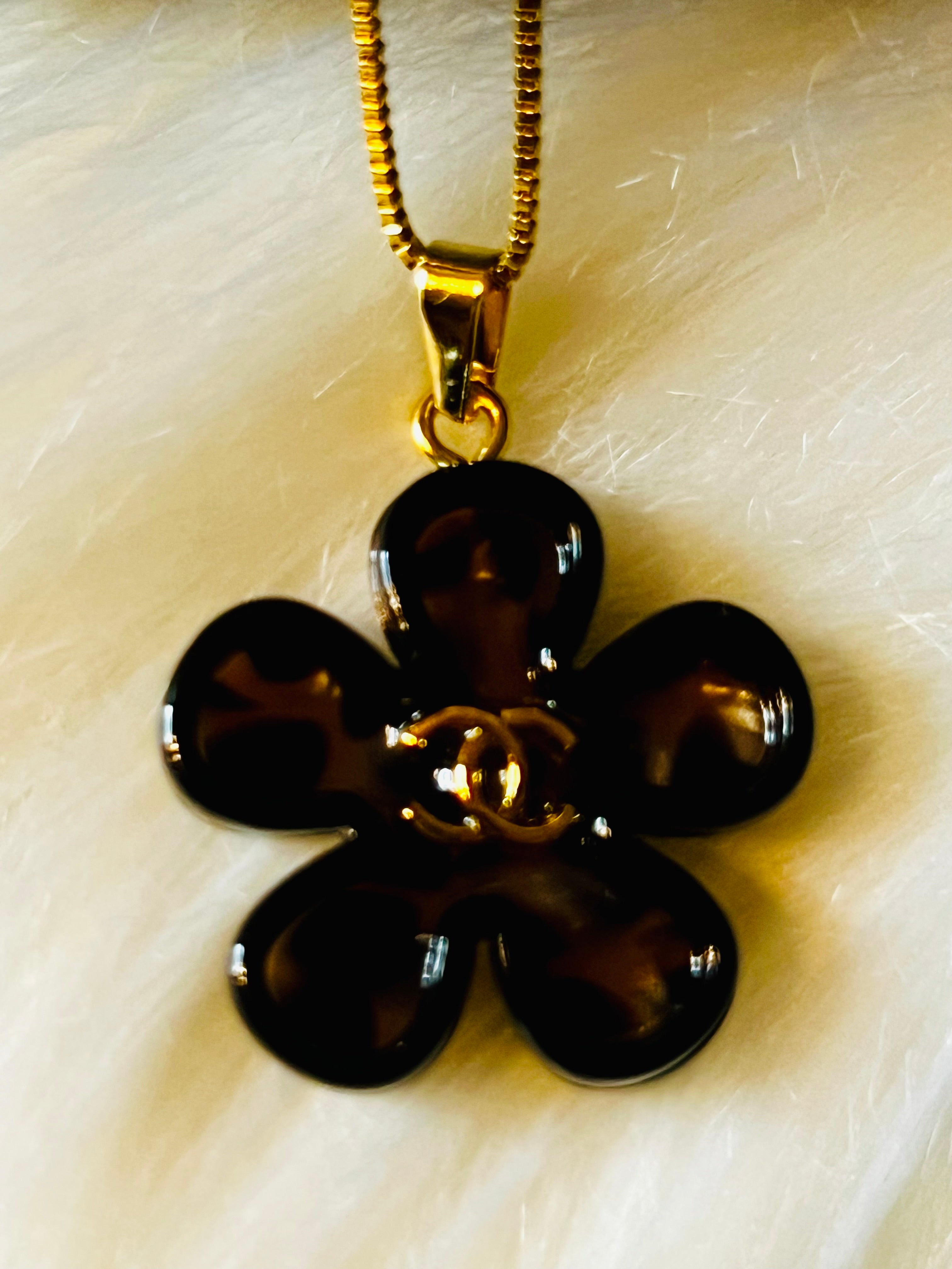 CHANEL Cheetah Print with Gold Lettering Flower Style Pendant Necklace