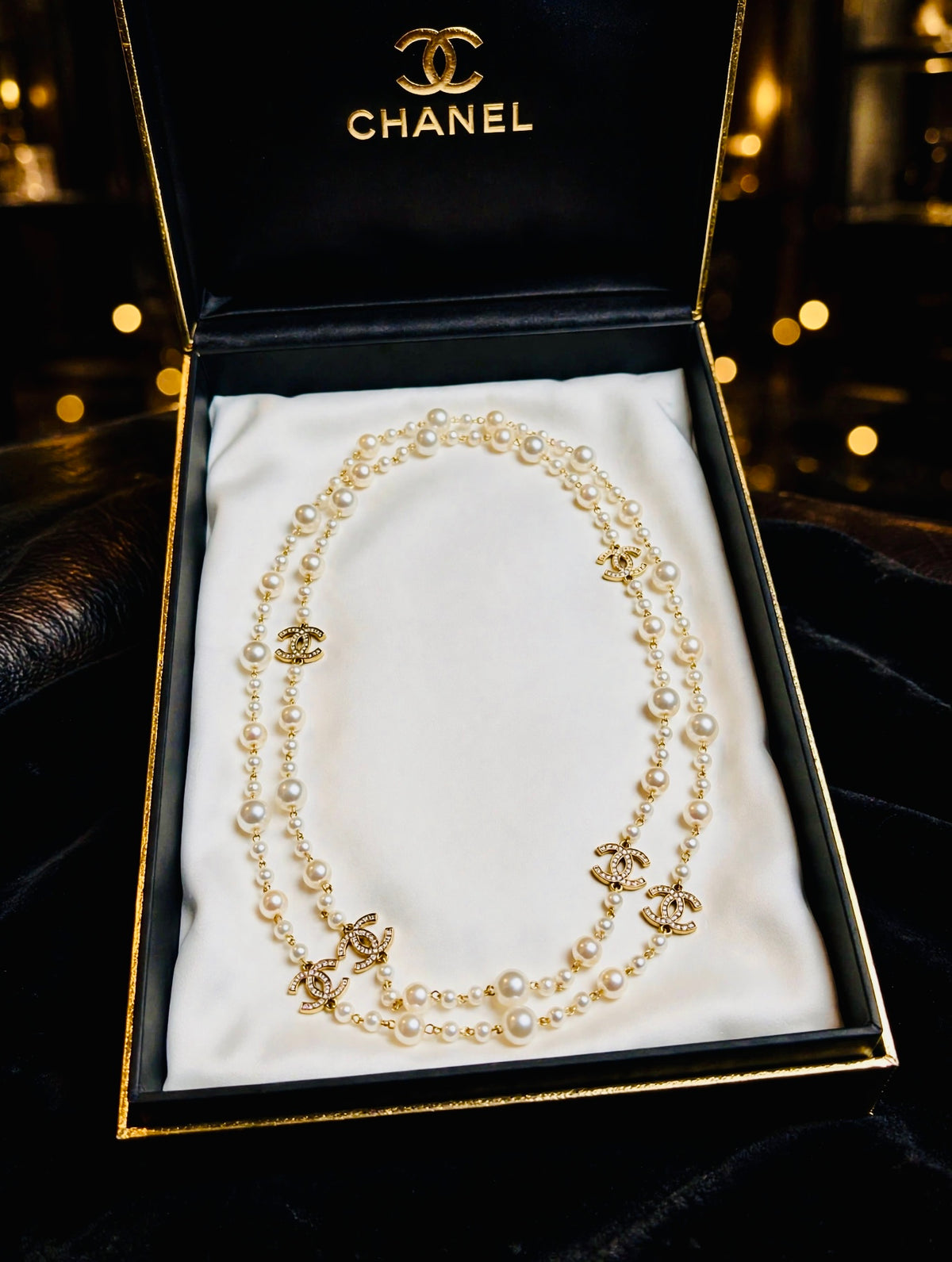 Vintage Chanel Long Pearl Sautoir Necklace - Gold Chain with Graduated Pearls & Crystal CC Charms - 36"
