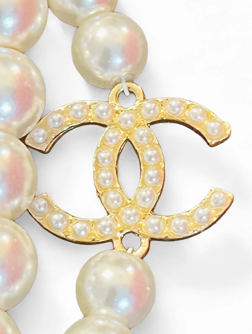 CHANEL Double Strand Pearl Necklace w/ Crystal CC Logos - Graduated Faux Pearls, Gold Tone Extender Chain
