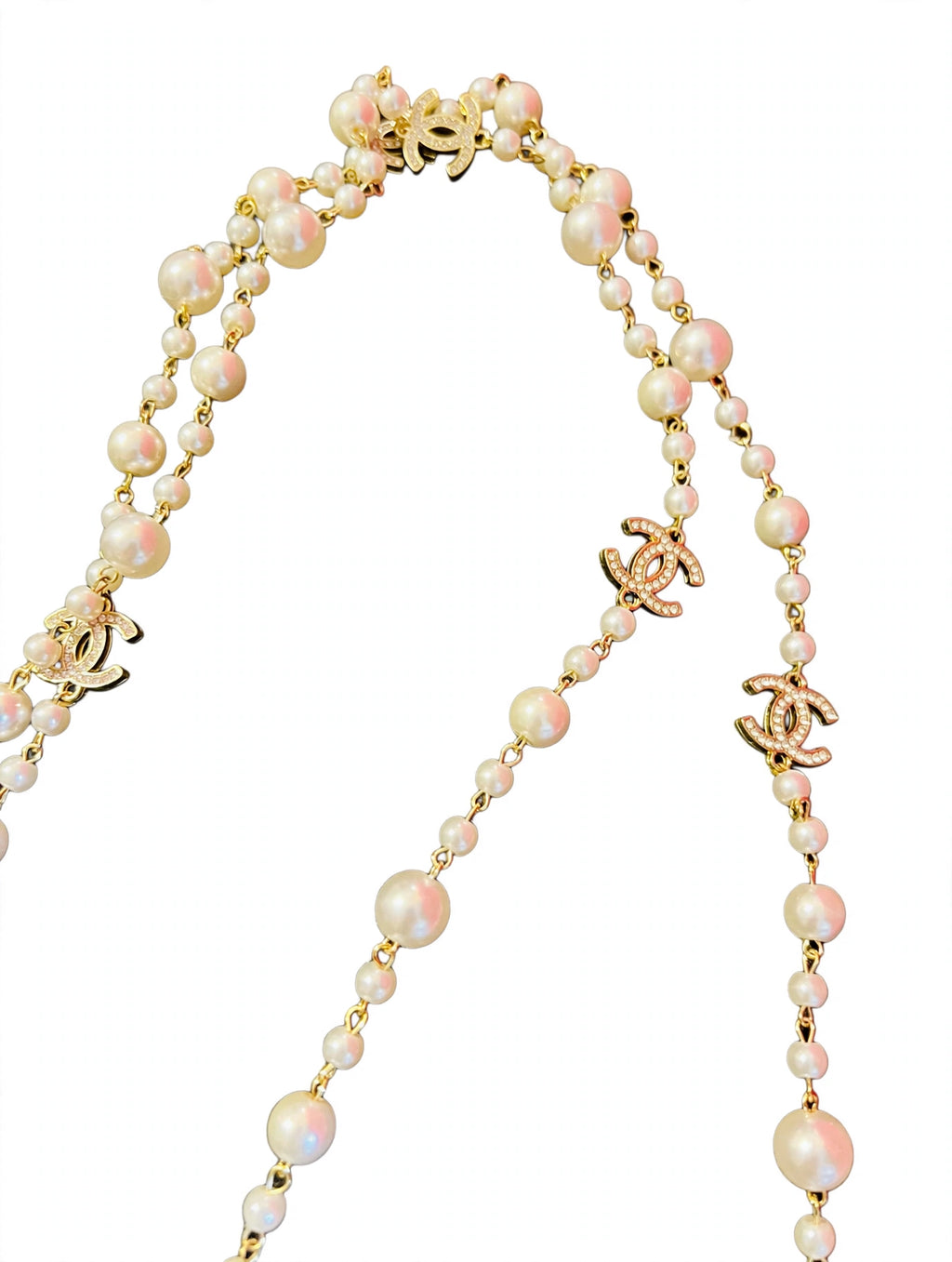 Vintage Chanel Long Pearl Sautoir Necklace - Gold Chain with Graduated Pearls & Crystal CC Charms - 36"