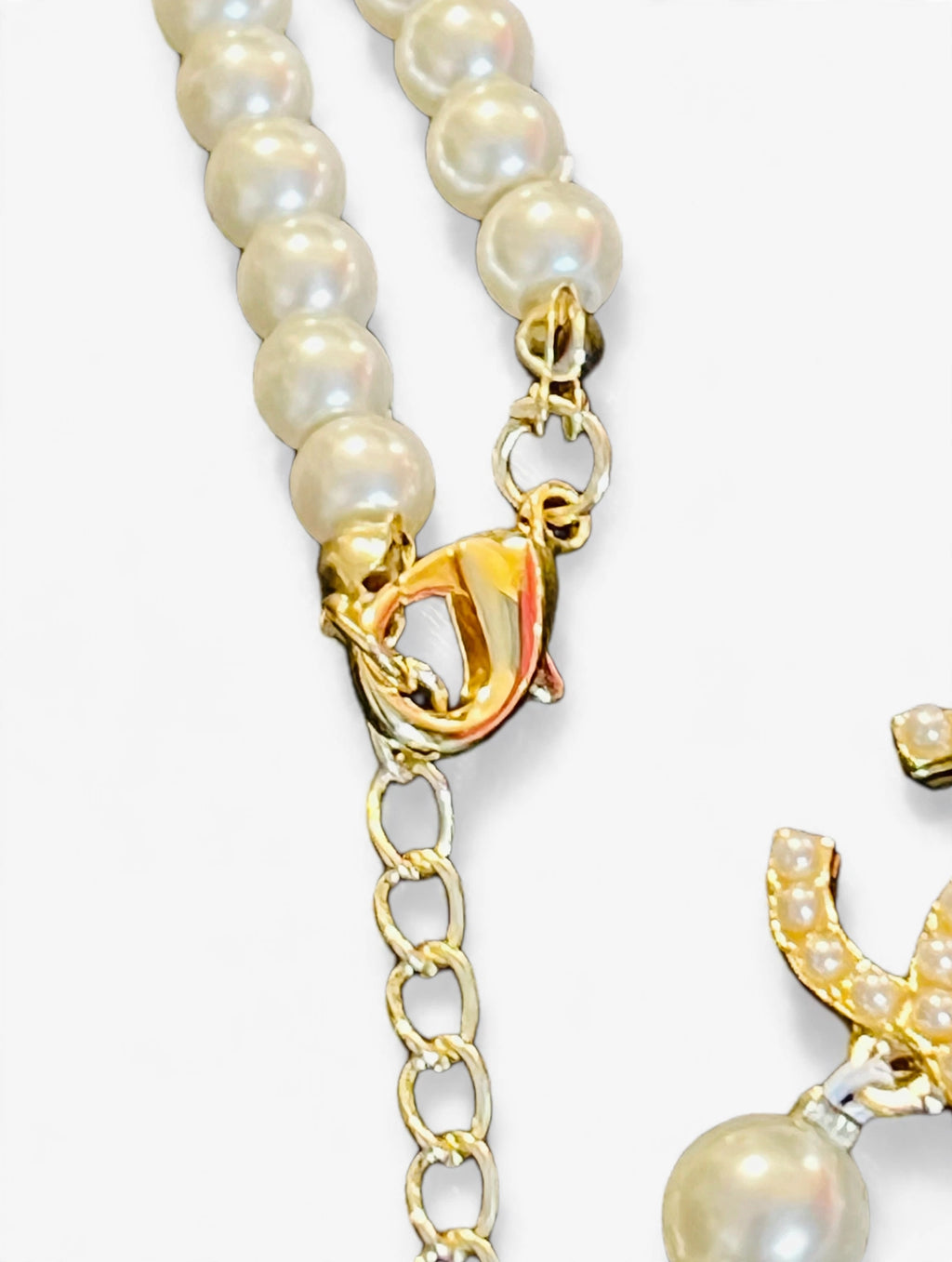 CHANEL Double Strand Pearl Necklace w/ Crystal CC Logos - Graduated Faux Pearls, Gold Tone Extender Chain