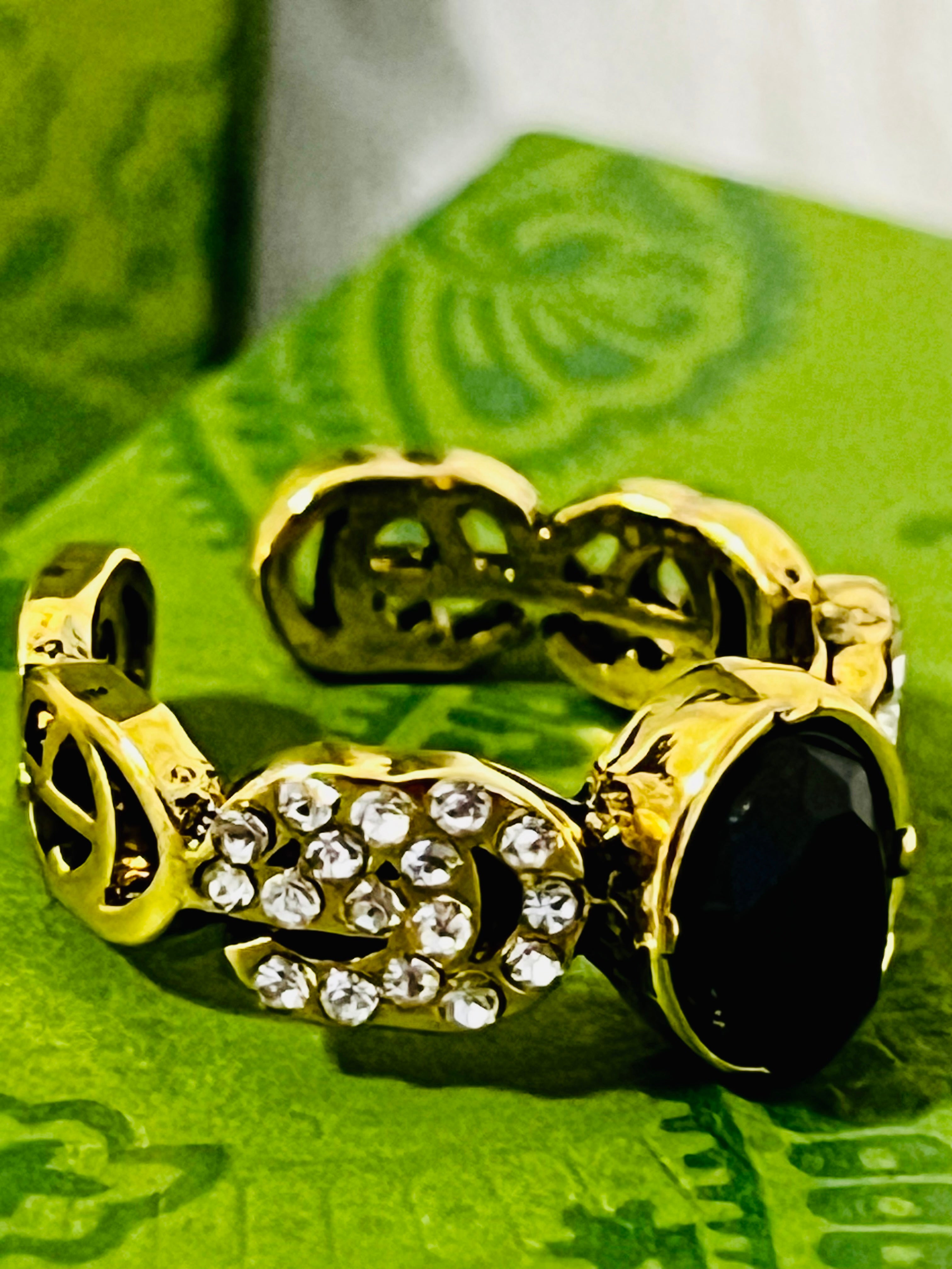 Gucci Gold Ring with Black Stone & Rhinestone Accents