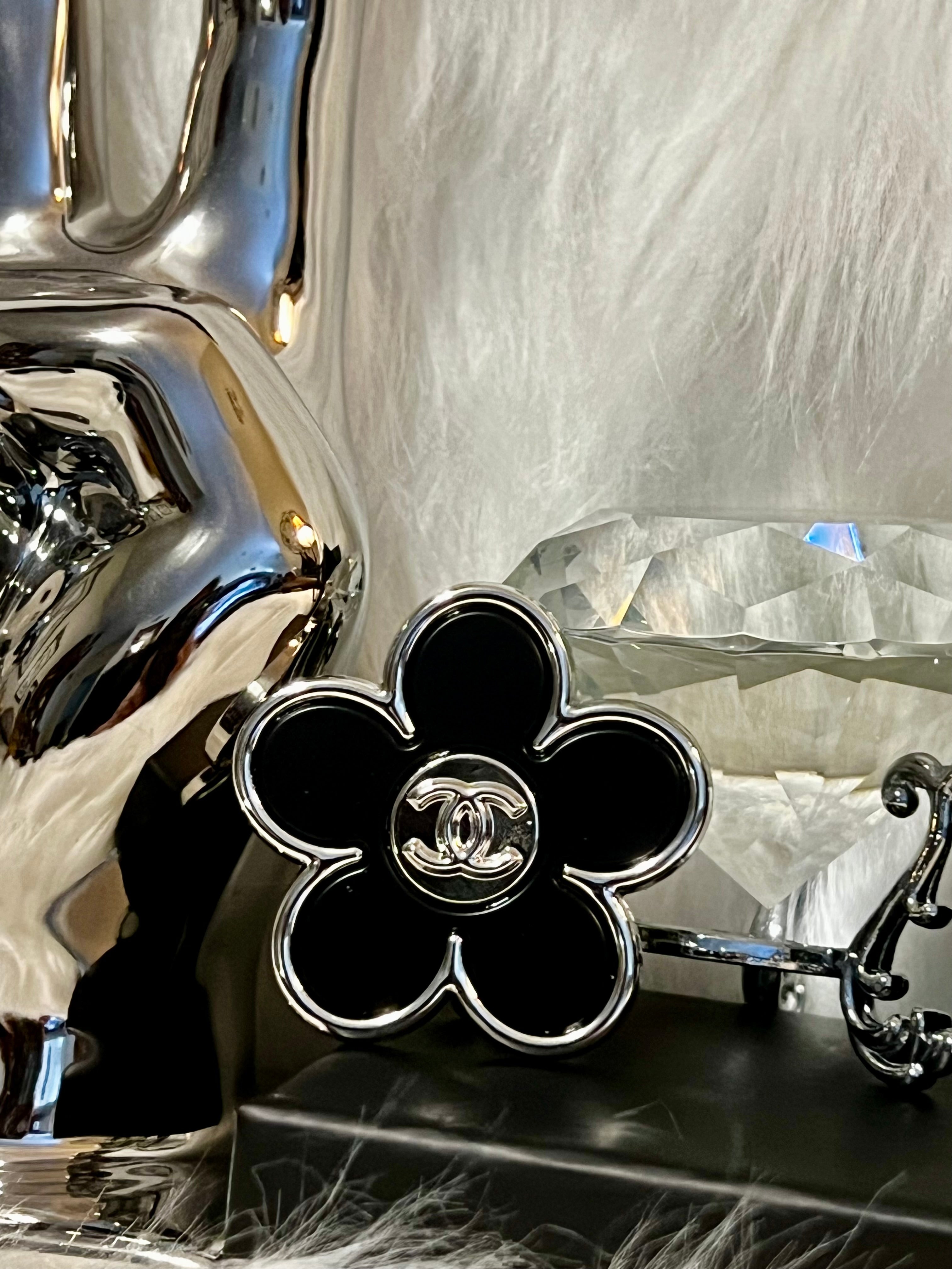 CHANEL Iconic Flower Brooch Silver & Black F