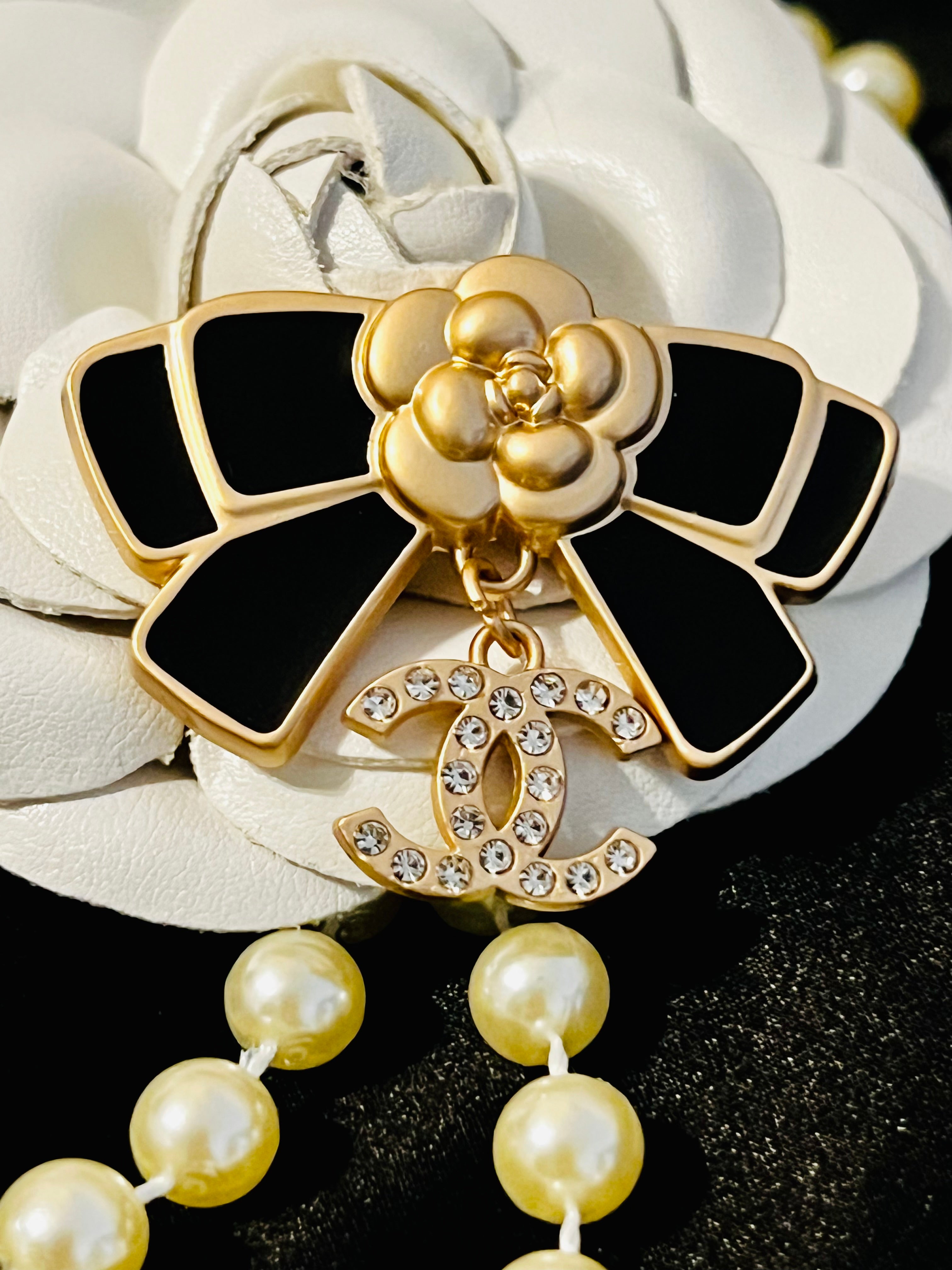 CHANEL Black & Gold Bow Drop Dangle Brooch