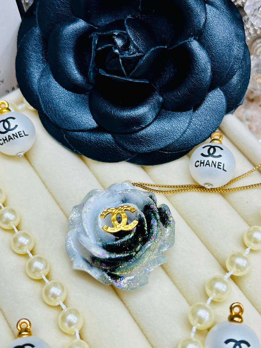 CHANEL Black & Blue with Gold LetteringFlower Pendant Necklace