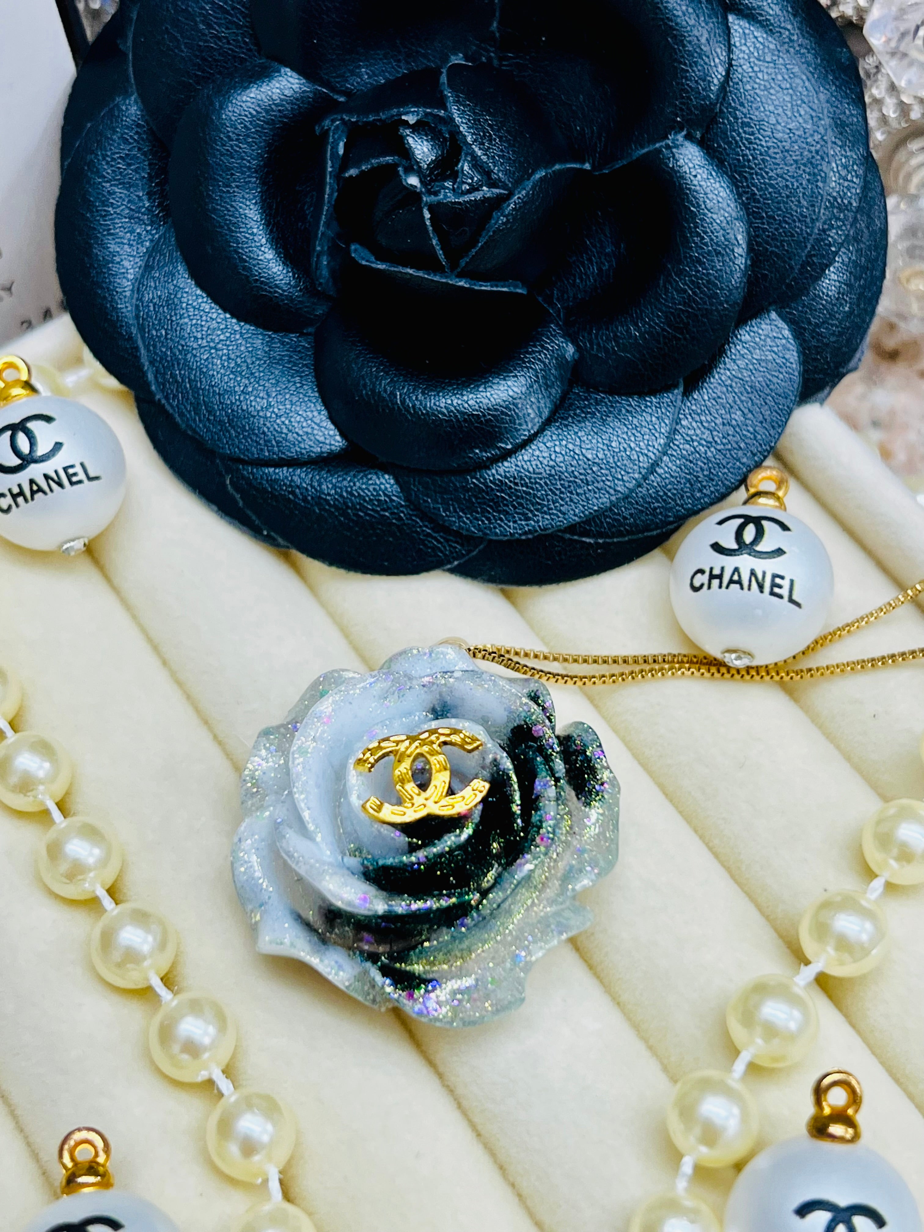 CHANEL Black & Blue with Gold LetteringFlower Pendant Necklace