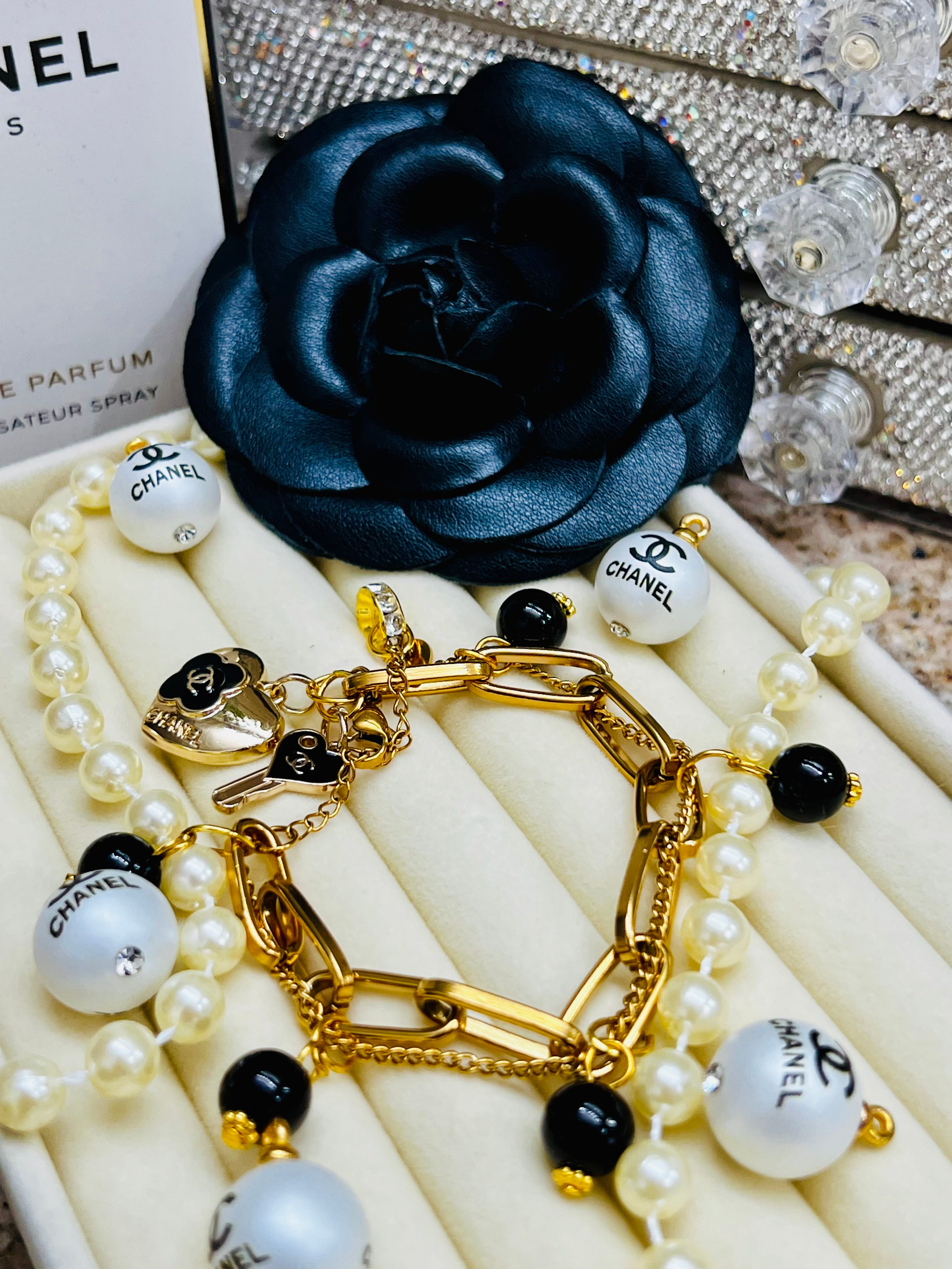 CHANEL Gold & Black Charm Chain Bracelet Heart Dangle