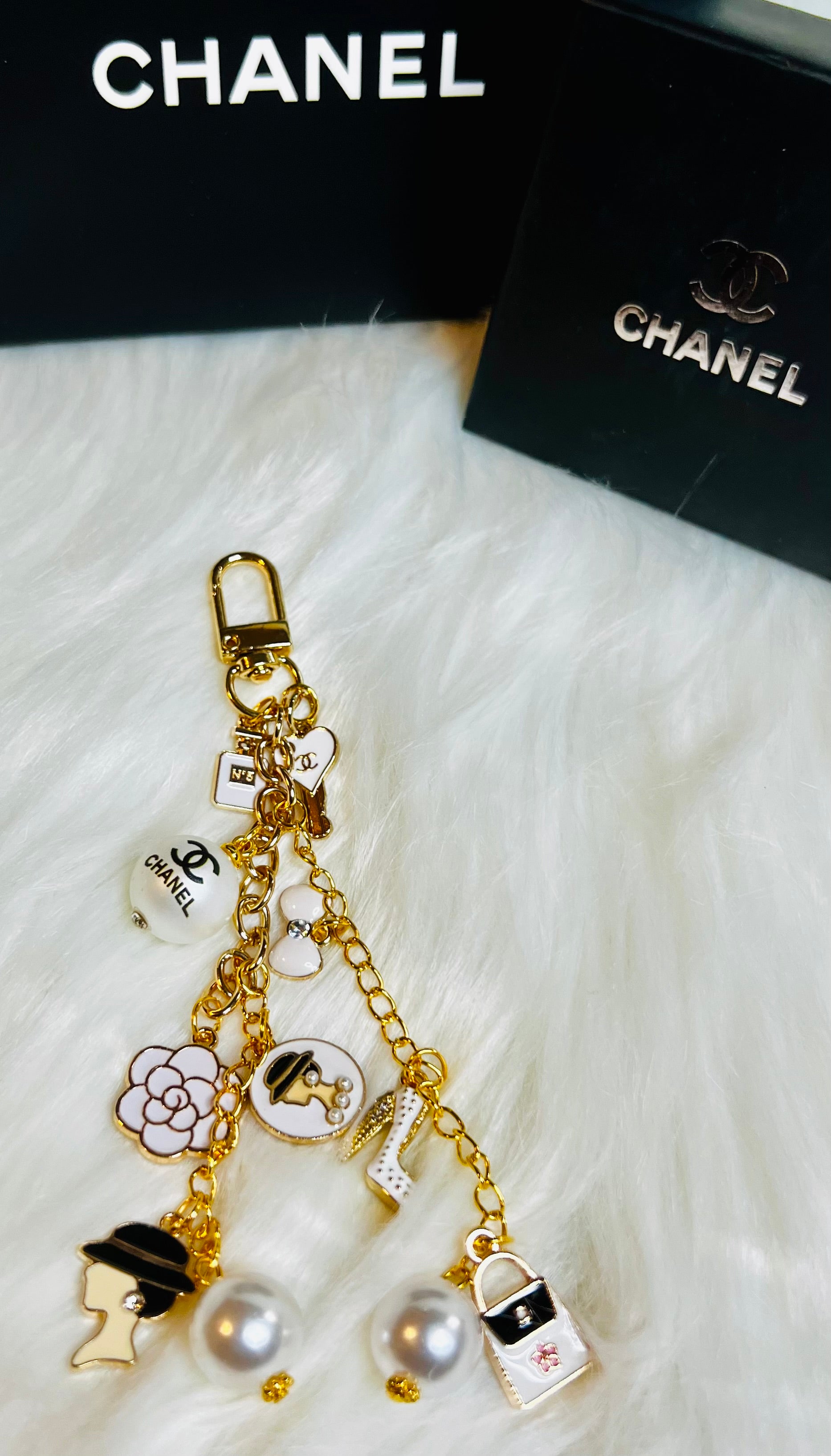 CHANEL Gold & White Charm Keychain