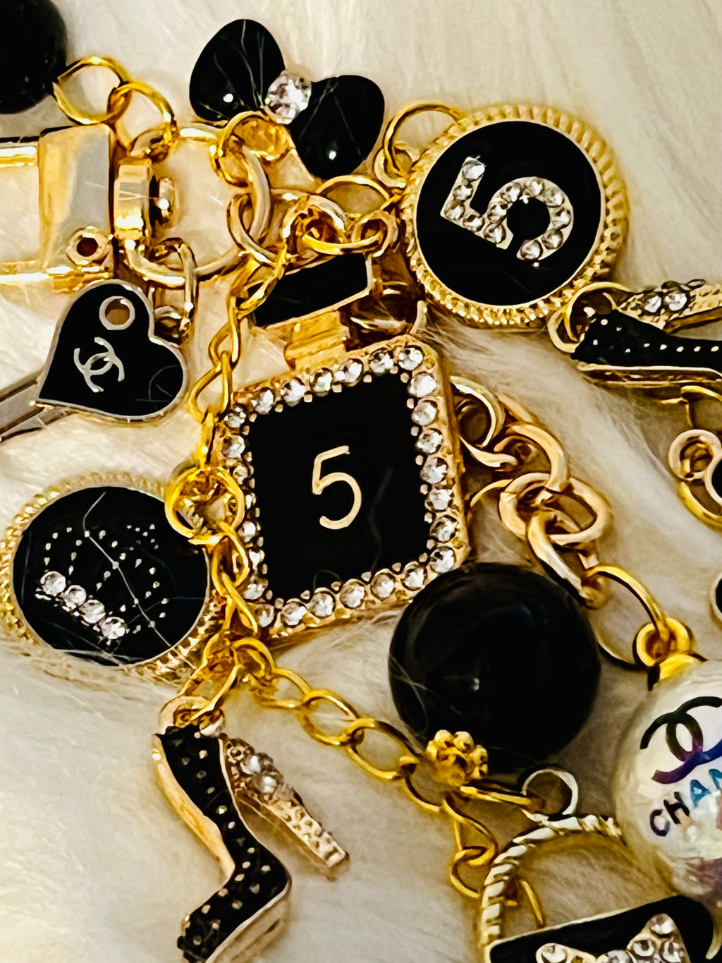 Chanel Inspired all Black Glam Style Bag Charm Keychain- Rhinestone No 5, Stilettos, bow, bag, flower