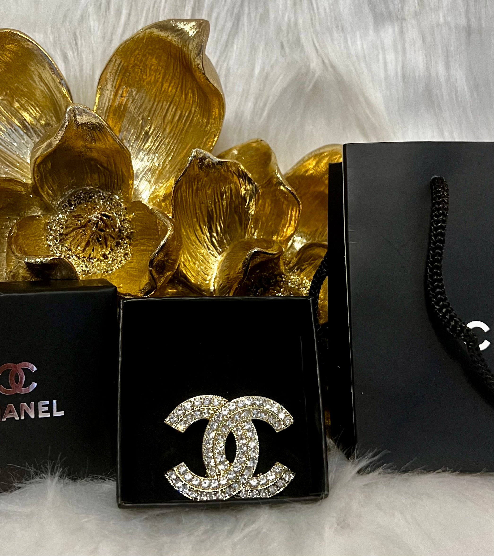 CHANEL Iconic Logo Brooch Gold with Stunning Crystal AccentsB