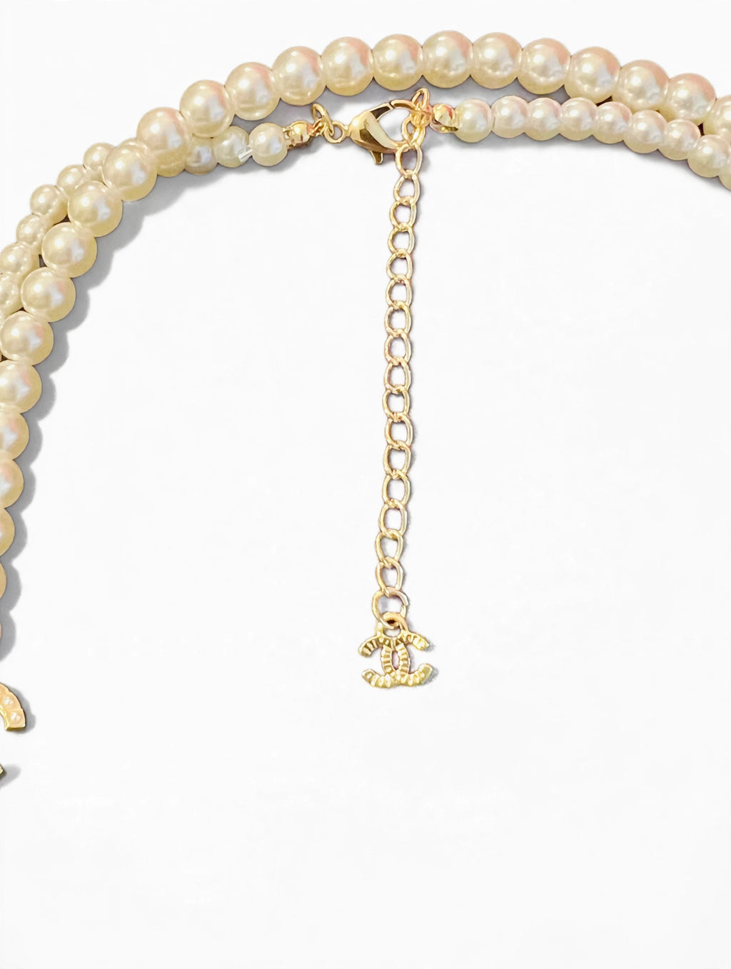 CHANEL Double Strand Pearl Necklace w/ Crystal CC Logos - Graduated Faux Pearls, Gold Tone Extender Chain