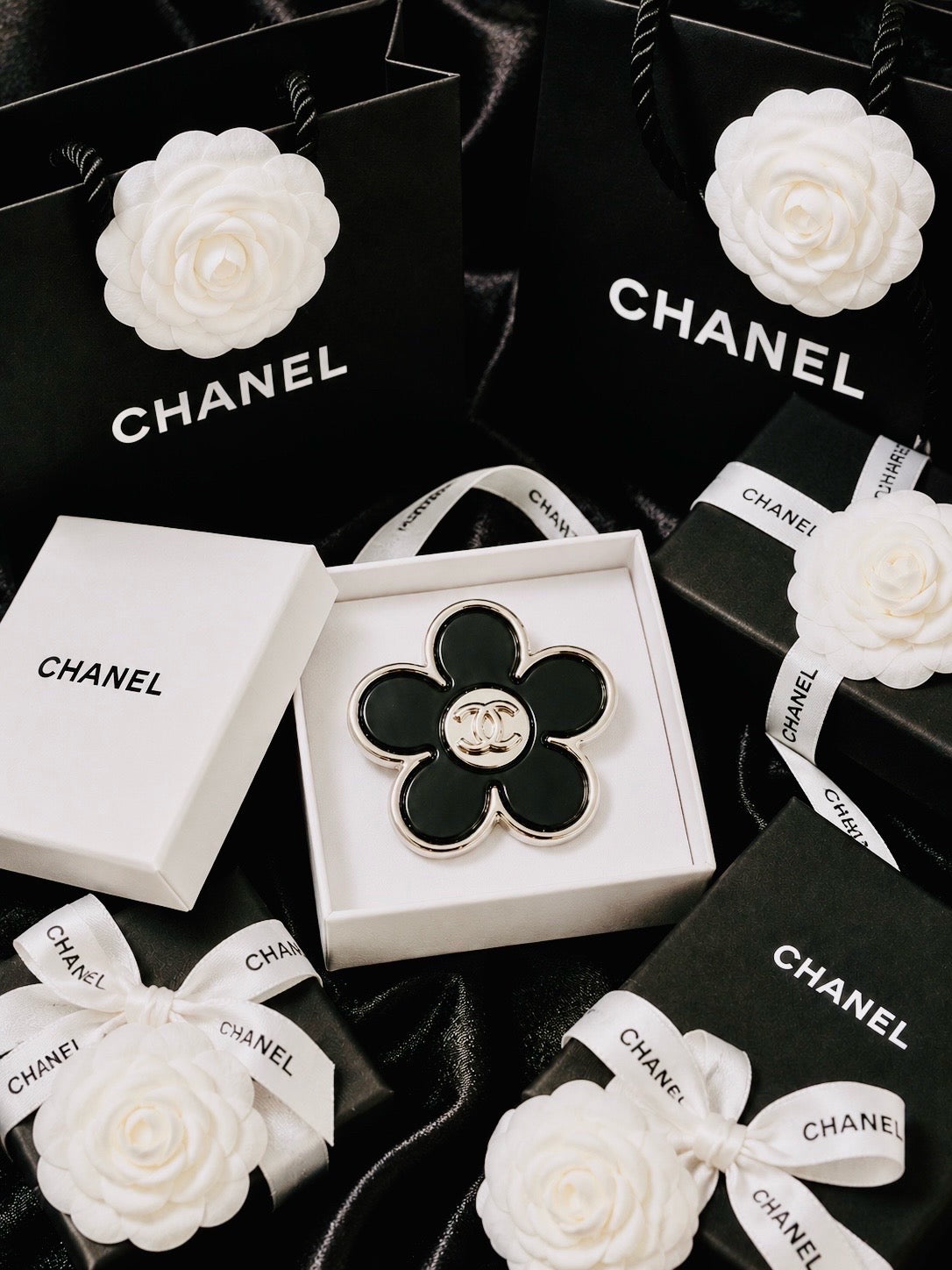 CHANEL Iconic Flower Brooch Silver & Black F